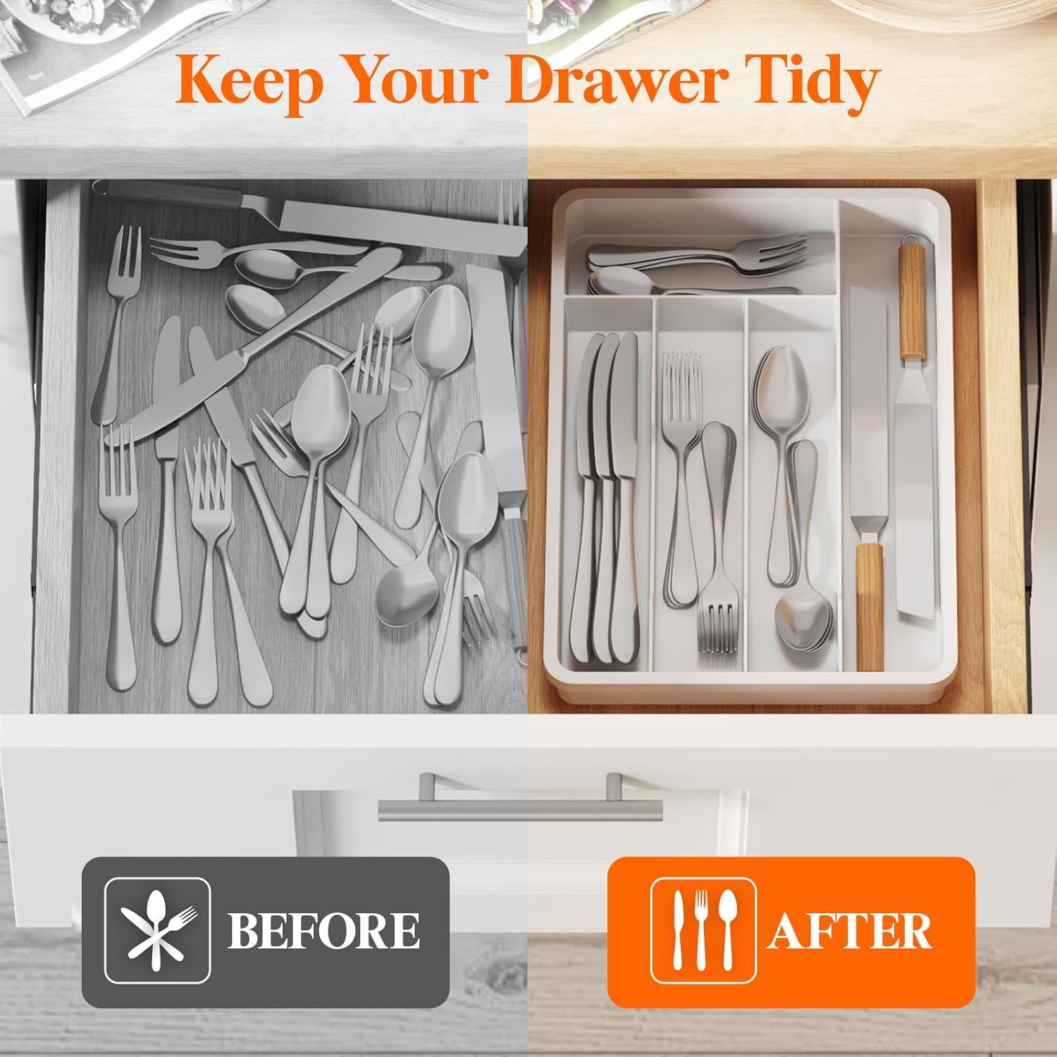 image:imageLifewit Silverware Drawer Organizer Tray Plastic Cutlery Storage for Kitchen Flatware and Utensil Holder Divider for Spoons Forks Knives Tableware 123 x 16 7 Slots BlackWhite