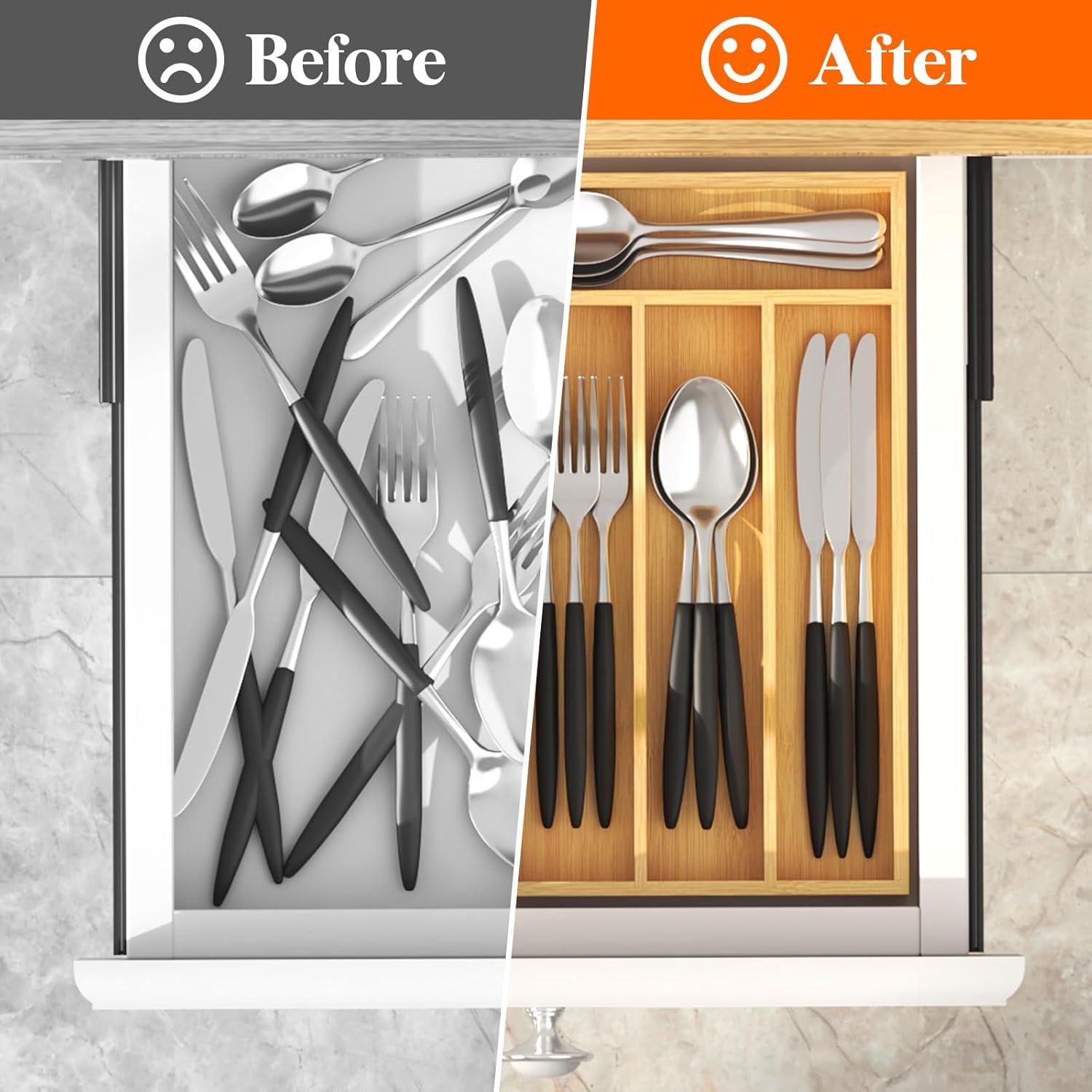 image:imageLifewit Silverware Drawer Organizer Utensil Tray for Kitchen Flatware and Cutlery Holder Storage for Spoons Forks Knives 33 x 42cm Natural67W x 12D