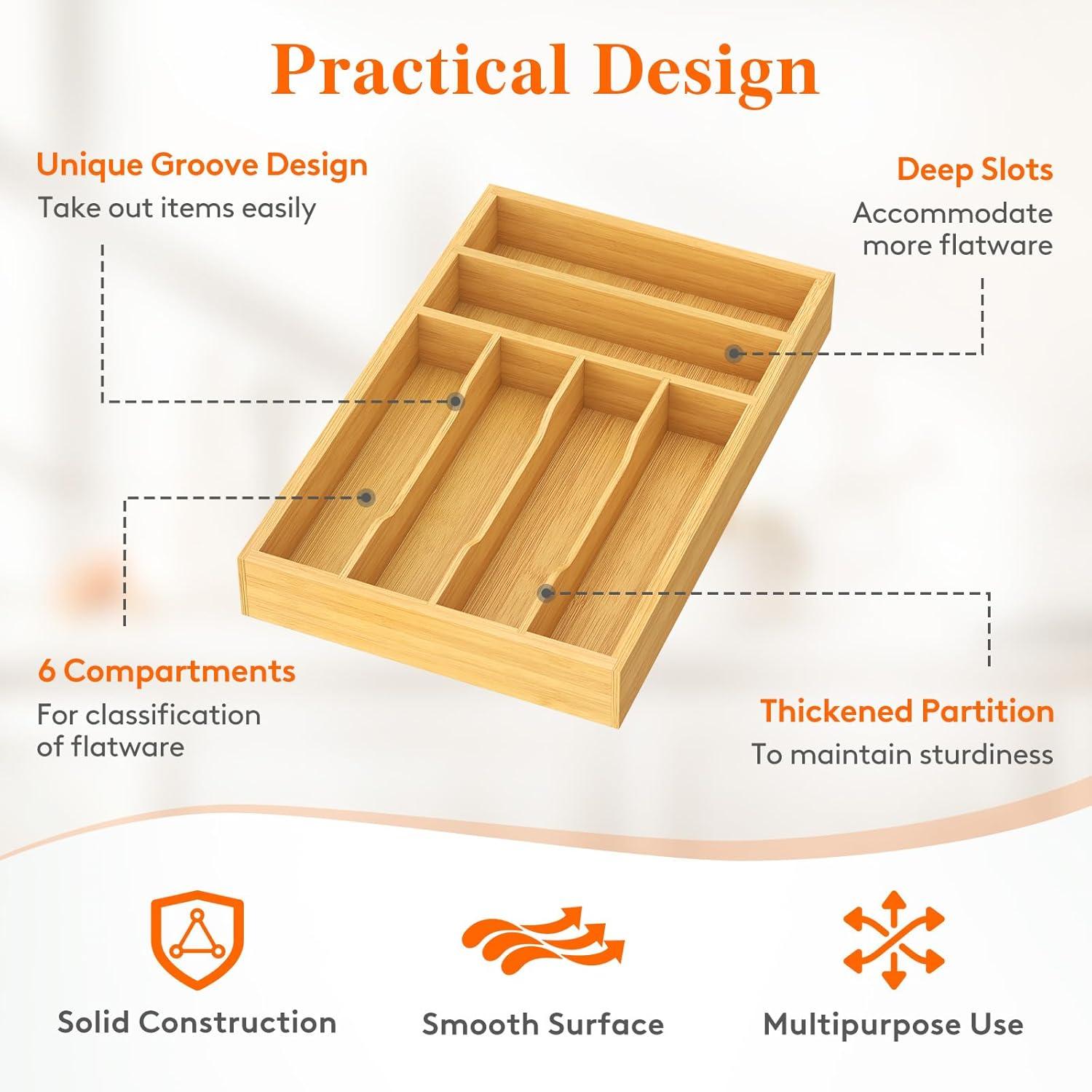 image:imageLifewit Silverware Drawer Organizer Utensil Tray for Kitchen Flatware and Cutlery Holder Storage for Spoons Forks Knives 33 x 42cm Natural99W x 155D