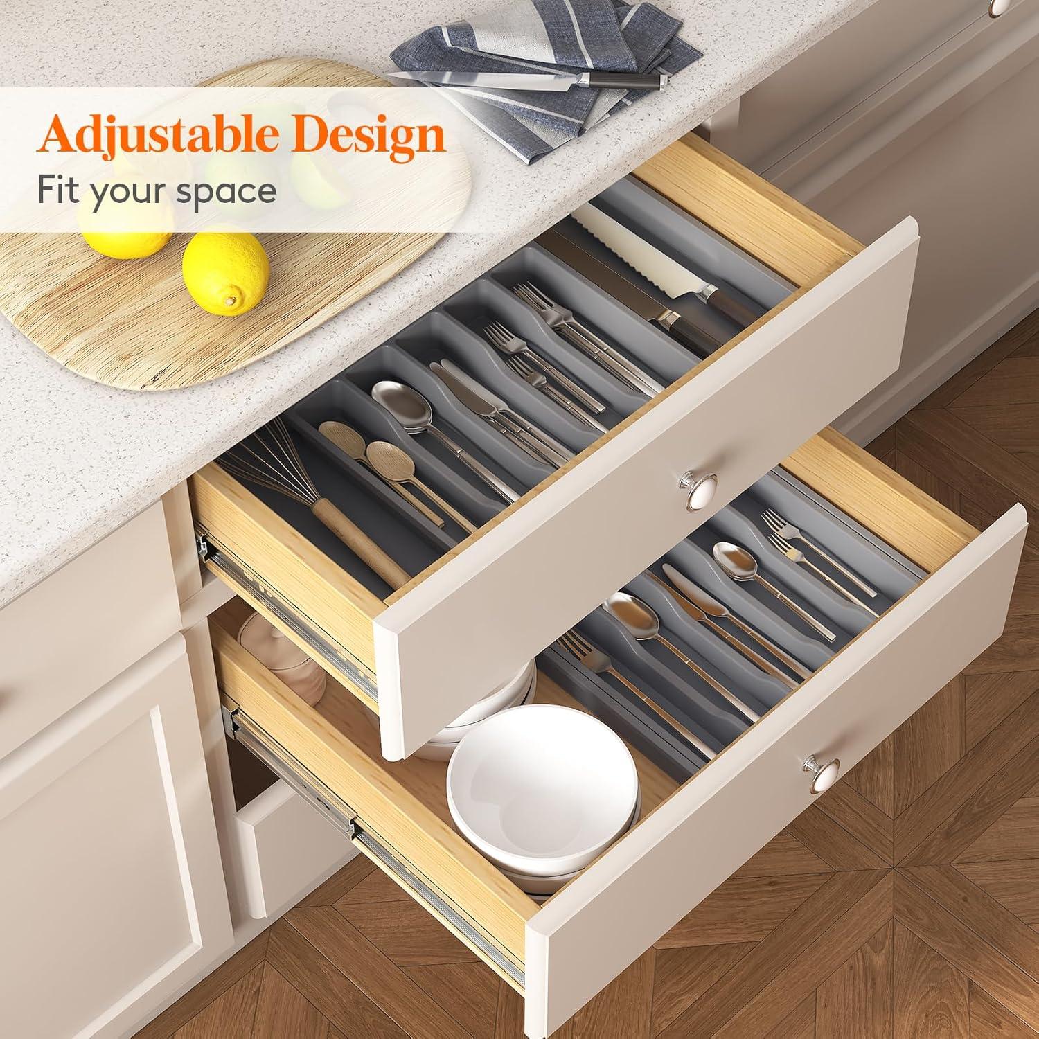 image:imageLifewit Silverware Drawer Organizer and Utensil Organizer Set Expandable Cooking Cutlery Tray for Kitchen Adjustable Plastic Flatware Holder Storage Divider for Spoons Forks Knives Large BlackGray