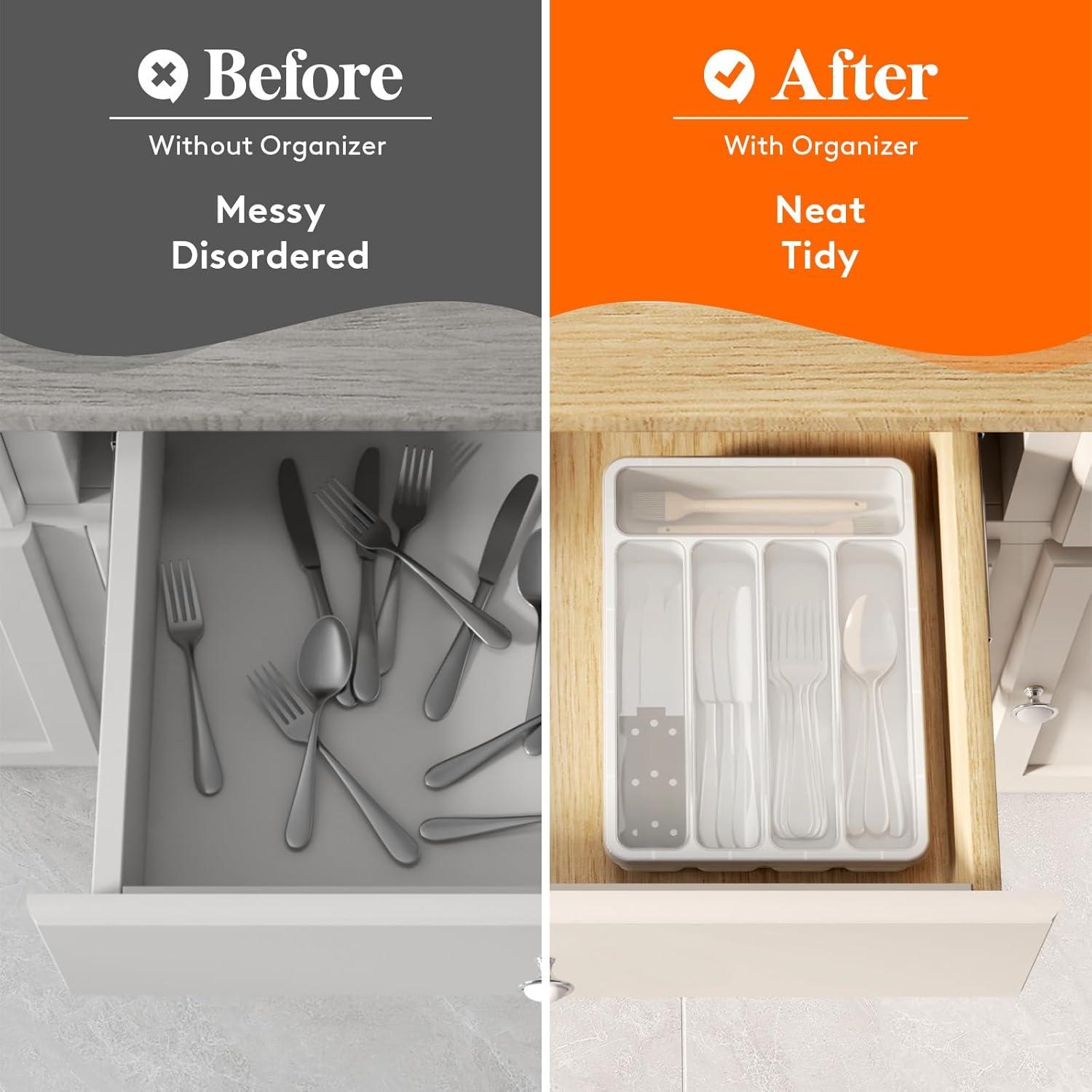 image:imageLifewit Silverware Organizer with Lid Covered Utensil Tray for Kitchen Drawer and Countertop Plastic Cutlery and Flatware Storage Box for Spoons Forks Knives Holder Case 23 x 32 cm GrayWhite