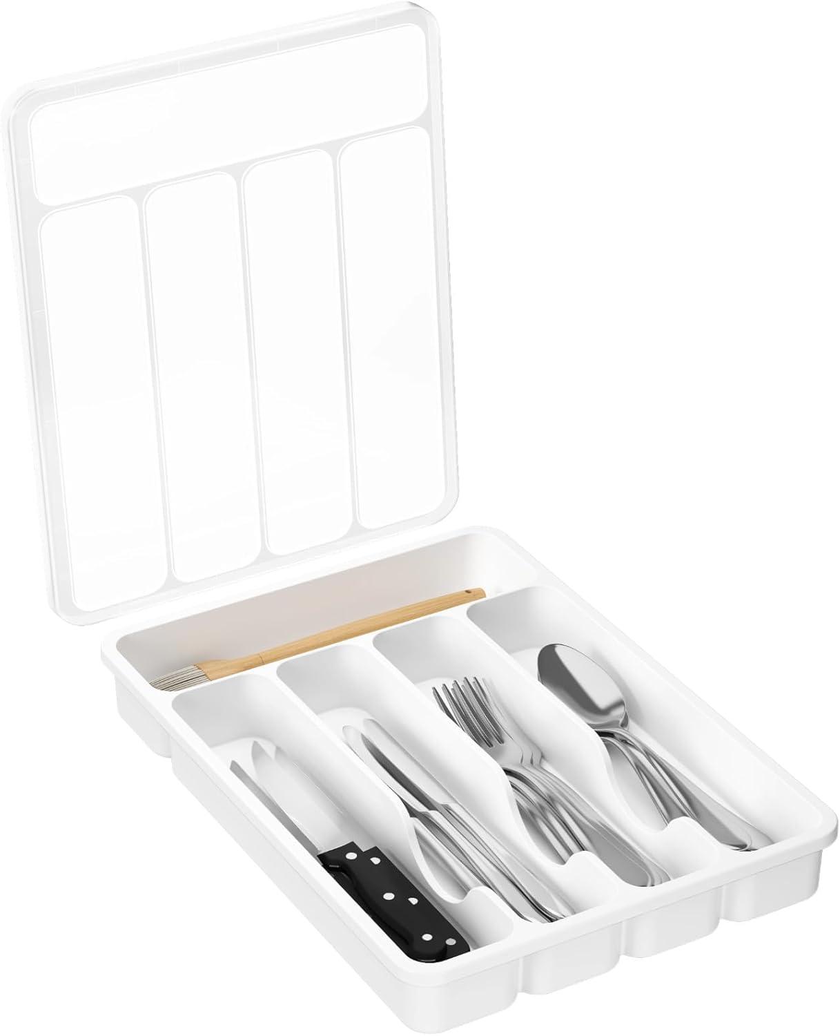 image:imageLifewit Silverware Organizer with Lid Covered Utensil Tray for Kitchen Drawer and Countertop Plastic Cutlery and Flatware Storage Box for Spoons Forks Knives Holder Case 23 x 32 cm GrayWhite