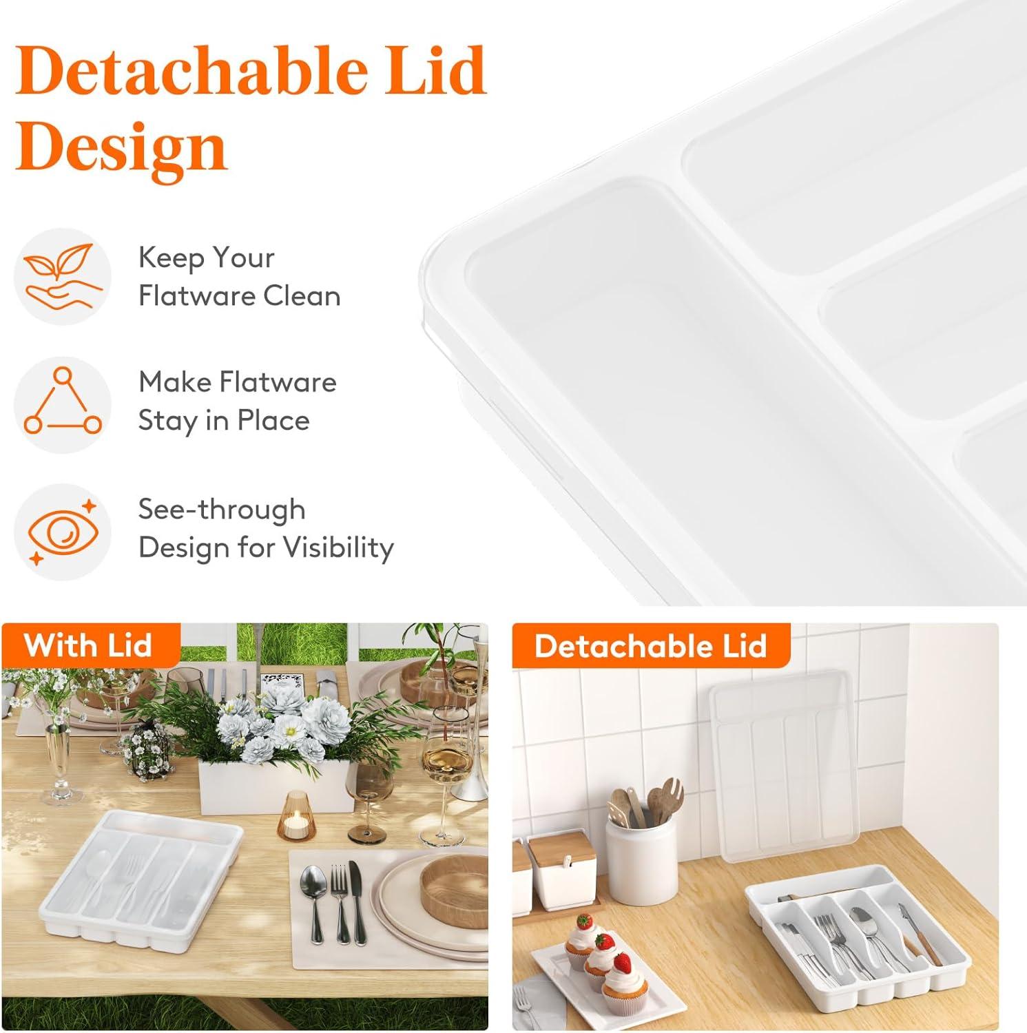 image:imageLifewit Silverware Organizer with Lid Covered Utensil Tray for Kitchen Drawer and Countertop Plastic Cutlery and Flatware Storage Box for Spoons Forks Knives Holder Case 23 x 32 cm GrayWhite
