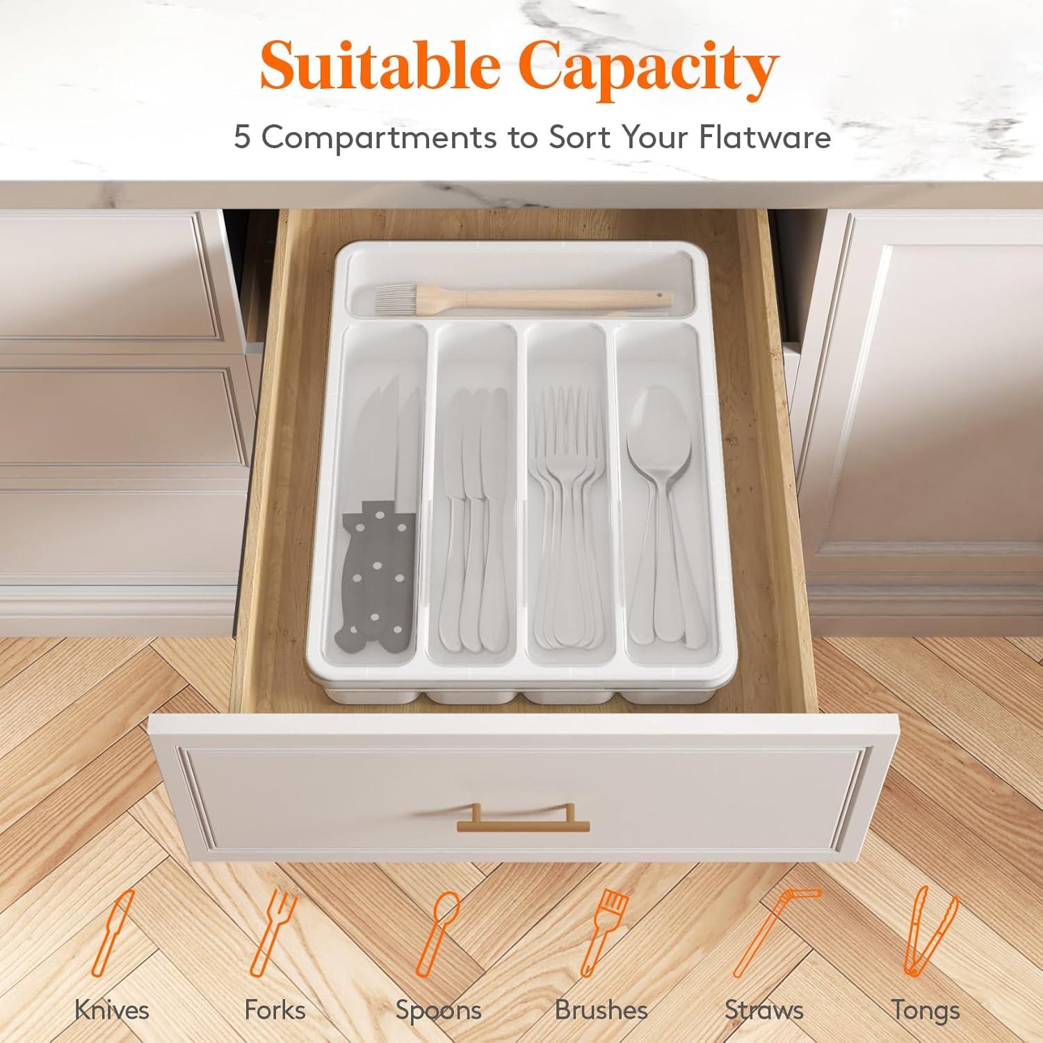 image:imageLifewit Silverware Organizer with Lid Covered Utensil Tray for Kitchen Drawer and Countertop Plastic Cutlery and Flatware Storage Box for Spoons Forks Knives Holder Case 23 x 32 cm GrayWhite