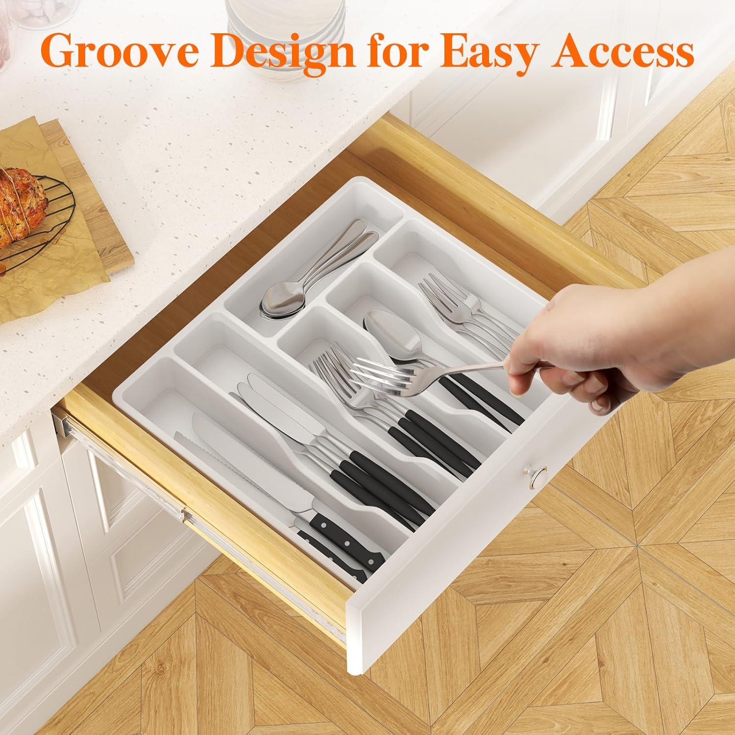 image:imageLifewit Silverware Organizer with Lid Covered Utensil Tray for Kitchen Drawer and Countertop Plastic Cutlery and Flatware Storage Box for Spoons Forks Knives Holder Case 23 x 32 cm GrayWhite