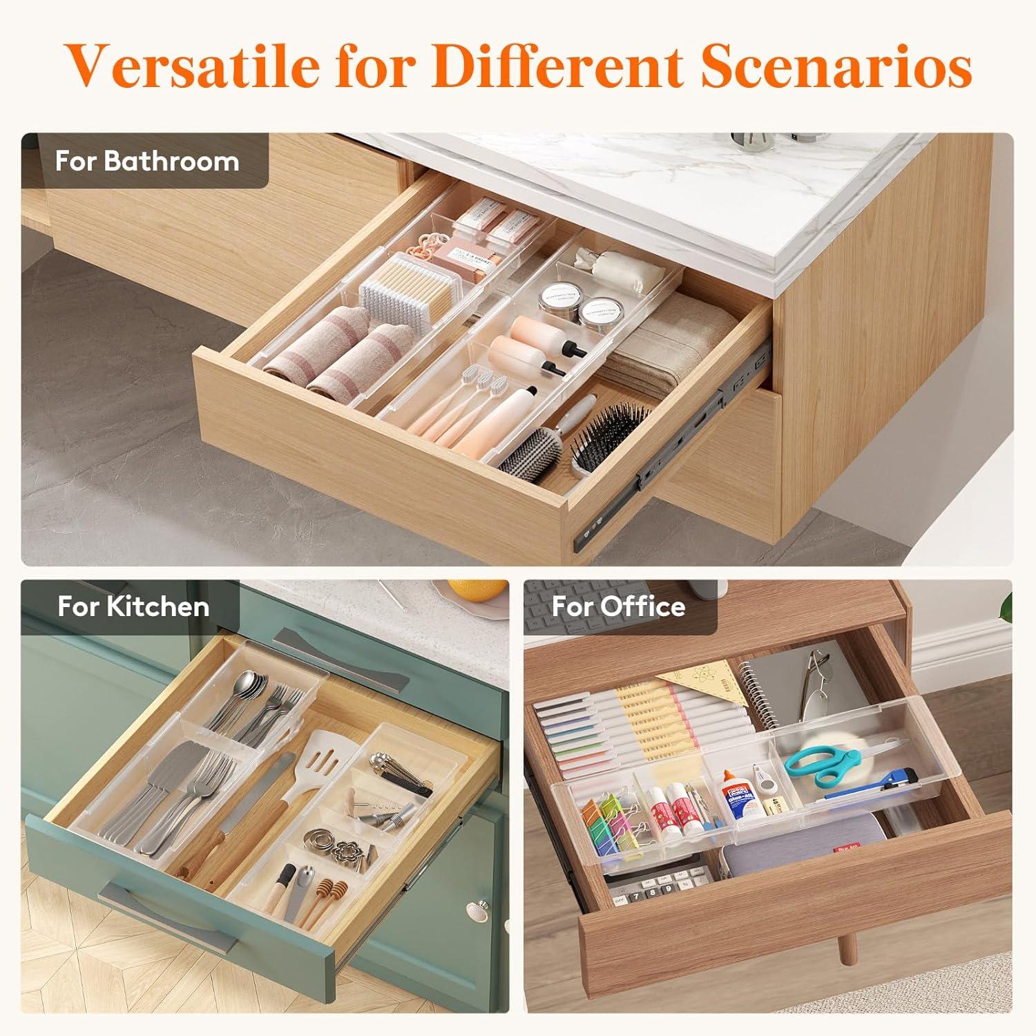 image:imageLifewit Sliding Makeup Drawer Organizer Trays with Inserts Extendable Hanging Desk Drawer Divider Fits 1320 Deep Drawers 18 High Plastic Organizer Tray for Vanity Office Kitchen WhiteTranslucent