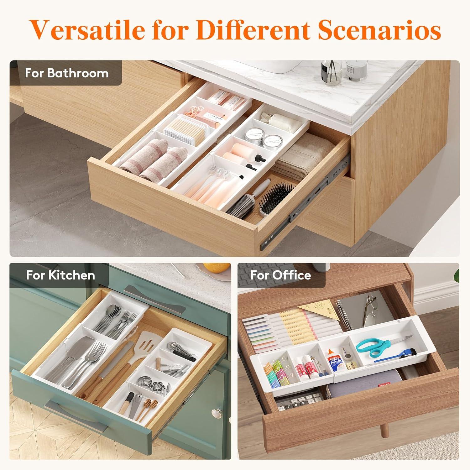 image:imageLifewit Sliding Makeup Drawer Organizer Trays with Inserts Extendable Hanging Desk Drawer Divider Fits 1320 Deep Drawers 18 High Plastic Organizer Tray for Vanity Office Kitchen WhiteWhite