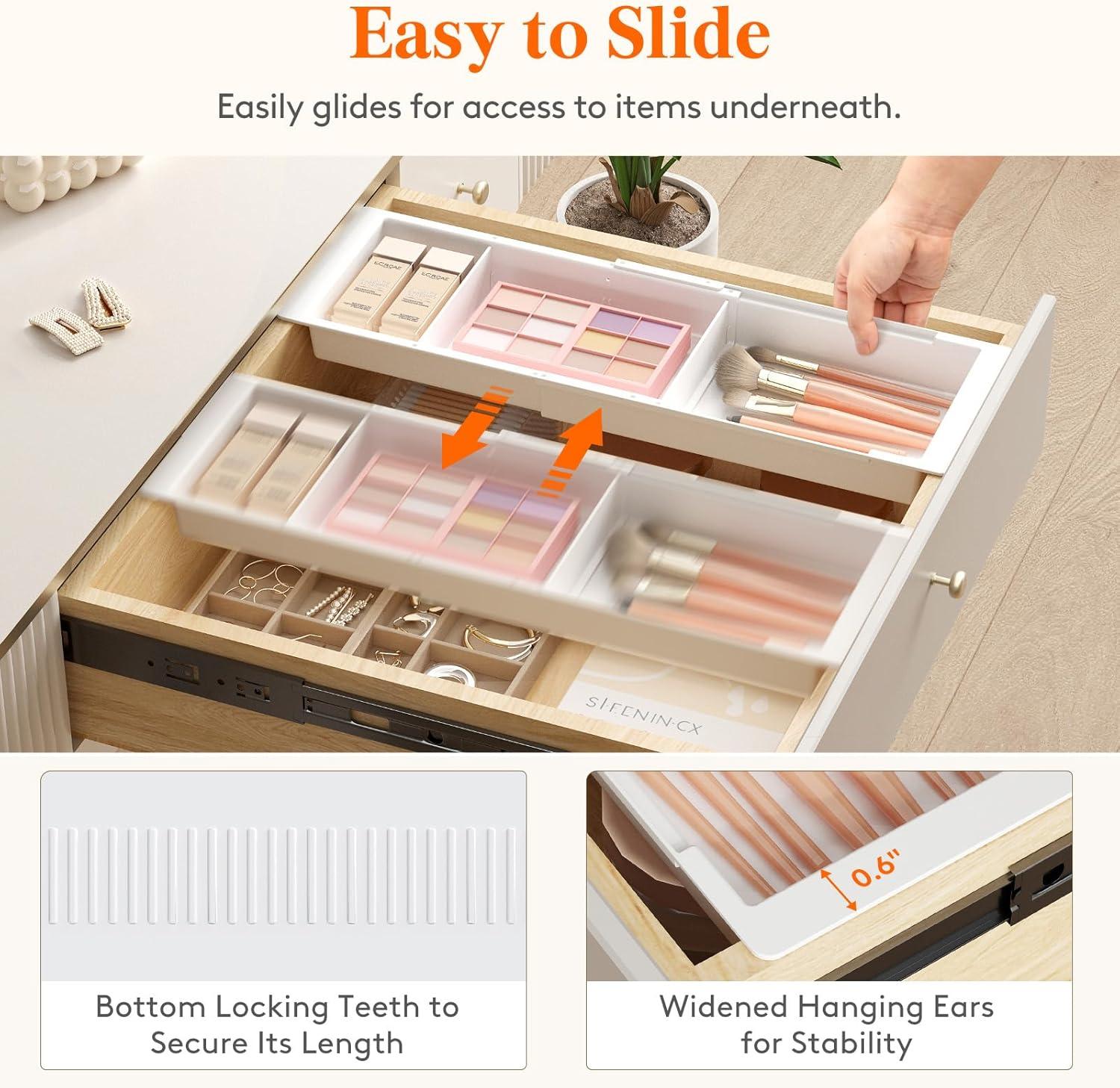 image:imageLifewit Sliding Makeup Drawer Organizer Trays with Inserts Extendable Hanging Desk Drawer Divider Fits 1320 Deep Drawers 18 High Plastic Organizer Tray for Vanity Office Kitchen WhiteWhite