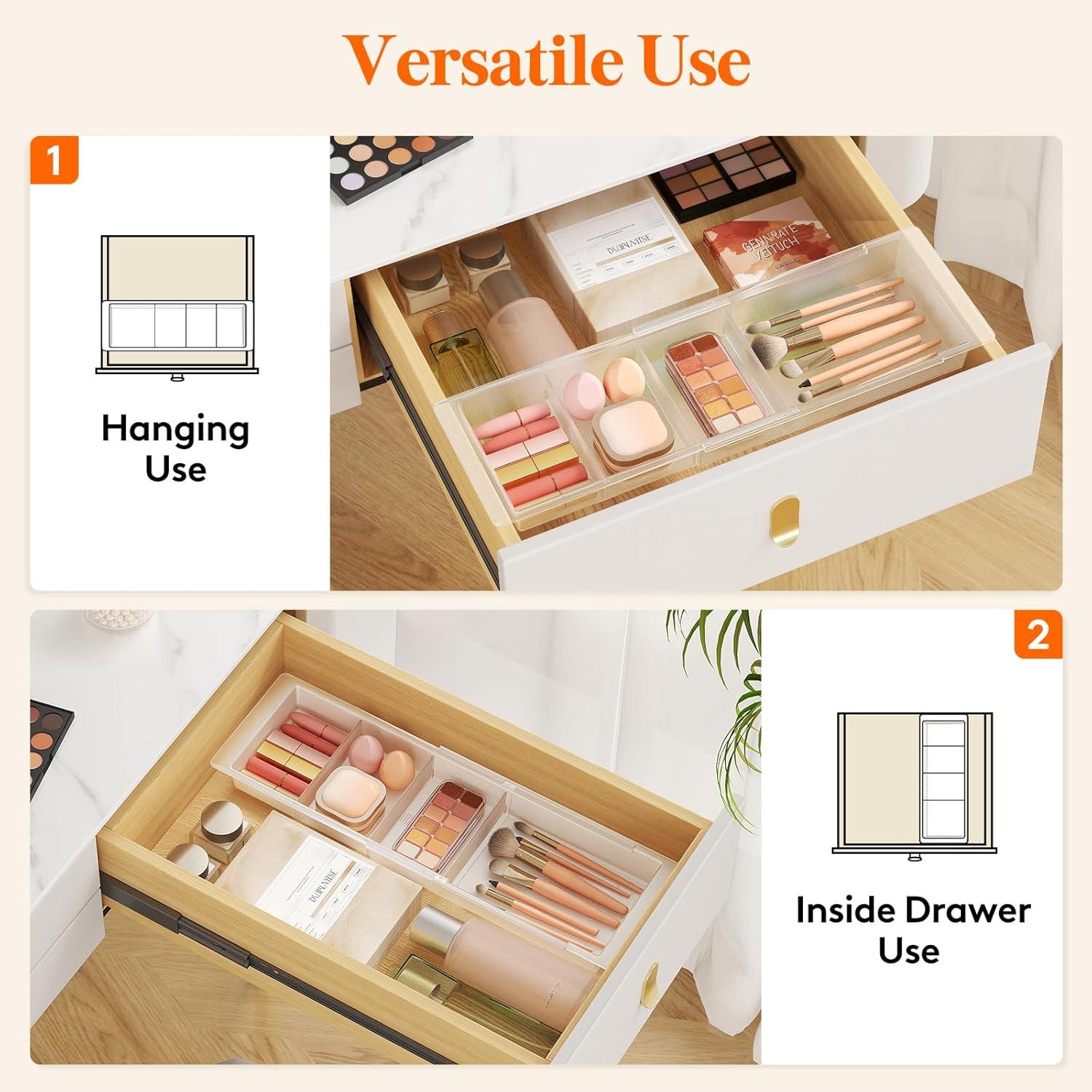 image:imageLifewit Sliding Makeup Drawer Organizer Trays with Inserts Extendable Hanging Desk Drawer Divider Fits 1320 Deep Drawers 18 High Plastic Organizer Tray for Vanity Office Kitchen WhiteWhite