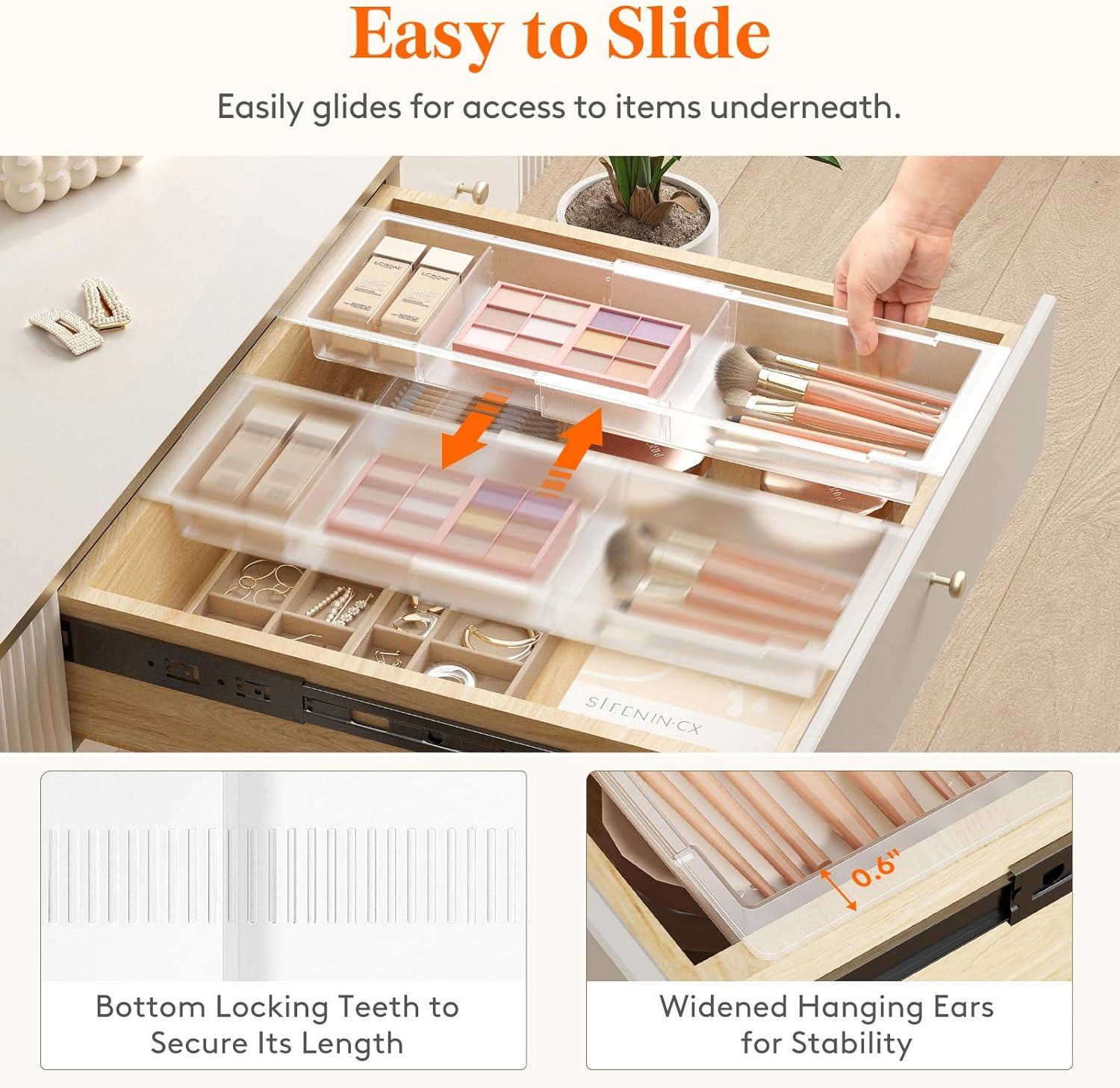 image:imageLifewit Sliding Makeup Drawer Organizer Trays with Inserts Extendable Hanging Desk Drawer Divider Fits 1320 Deep Drawers 18 High Plastic Organizer Tray for Vanity Office Kitchen WhiteTranslucent