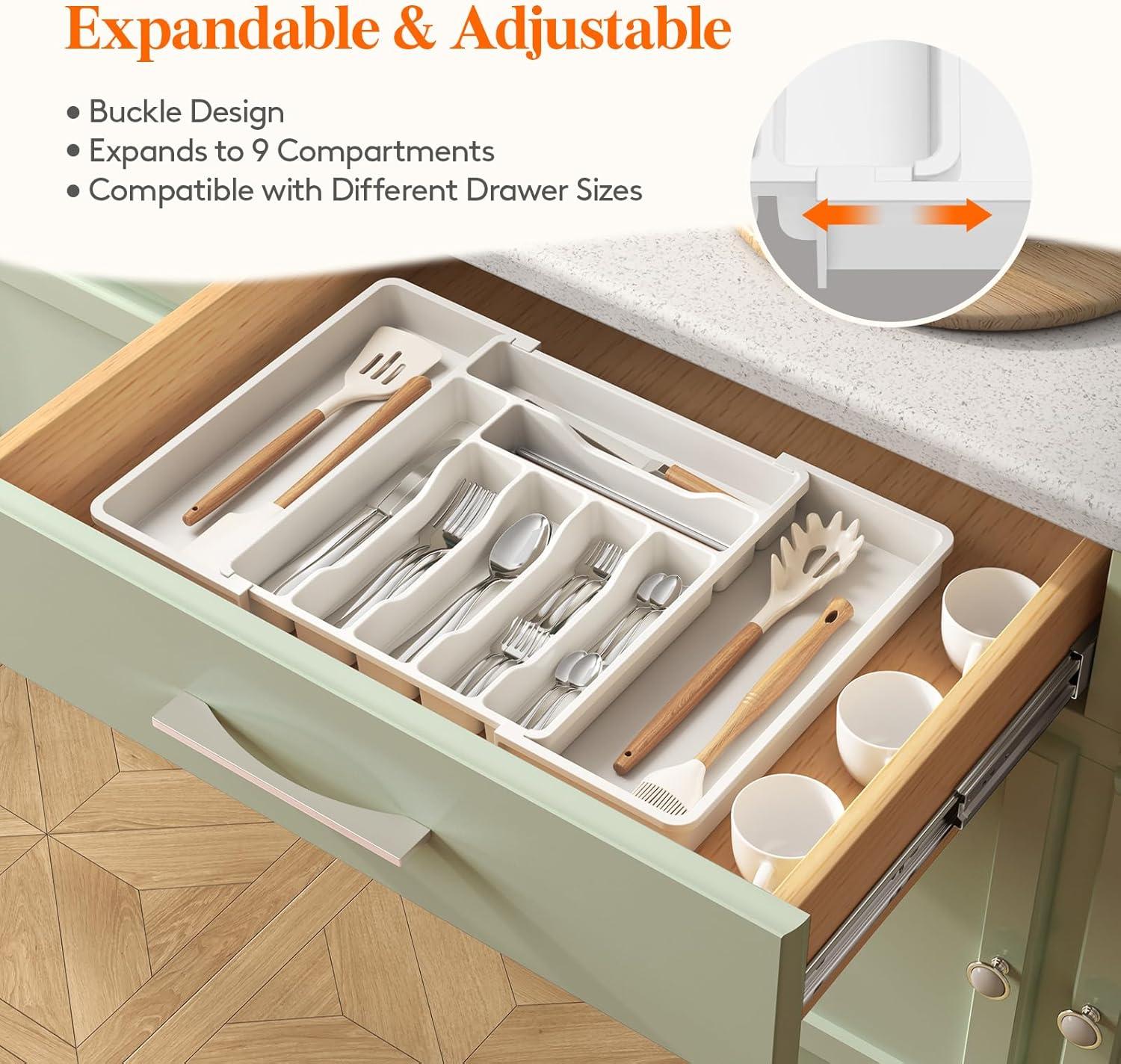 image:imageLifewit Utensil Organizer for Kitchen Drawer Expandable Cooking Silverware Tray Adjustable Cutlery Flatware Holder Plastic Spatula Tools Storage Divider 13224 x 15 BlackWhite
