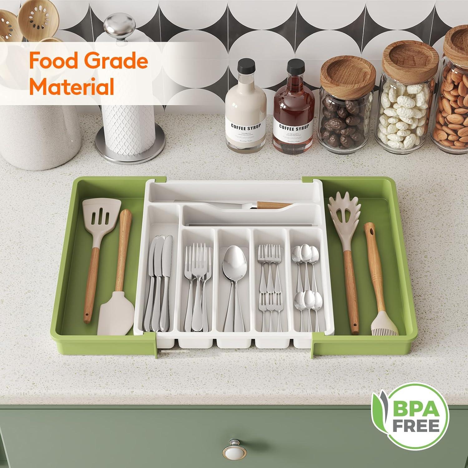image:imageLifewit Utensil Organizer for Kitchen Drawer Expandable Cooking Silverware Tray Adjustable Cutlery Flatware Holder Plastic Spatula Tools Storage Divider 13224 x 15 BlackGreenWhite