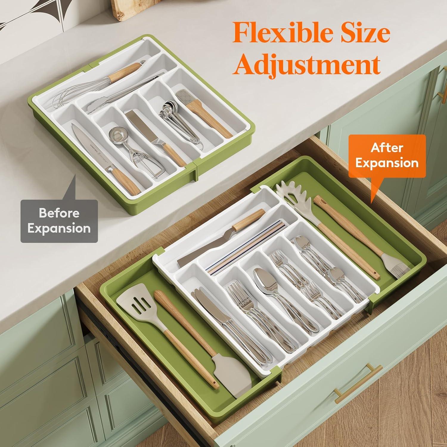 image:imageLifewit Utensil Organizer for Kitchen Drawer Expandable Cooking Silverware Tray Adjustable Cutlery Flatware Holder Plastic Spatula Tools Storage Divider 13224 x 15 BlackGreenWhite