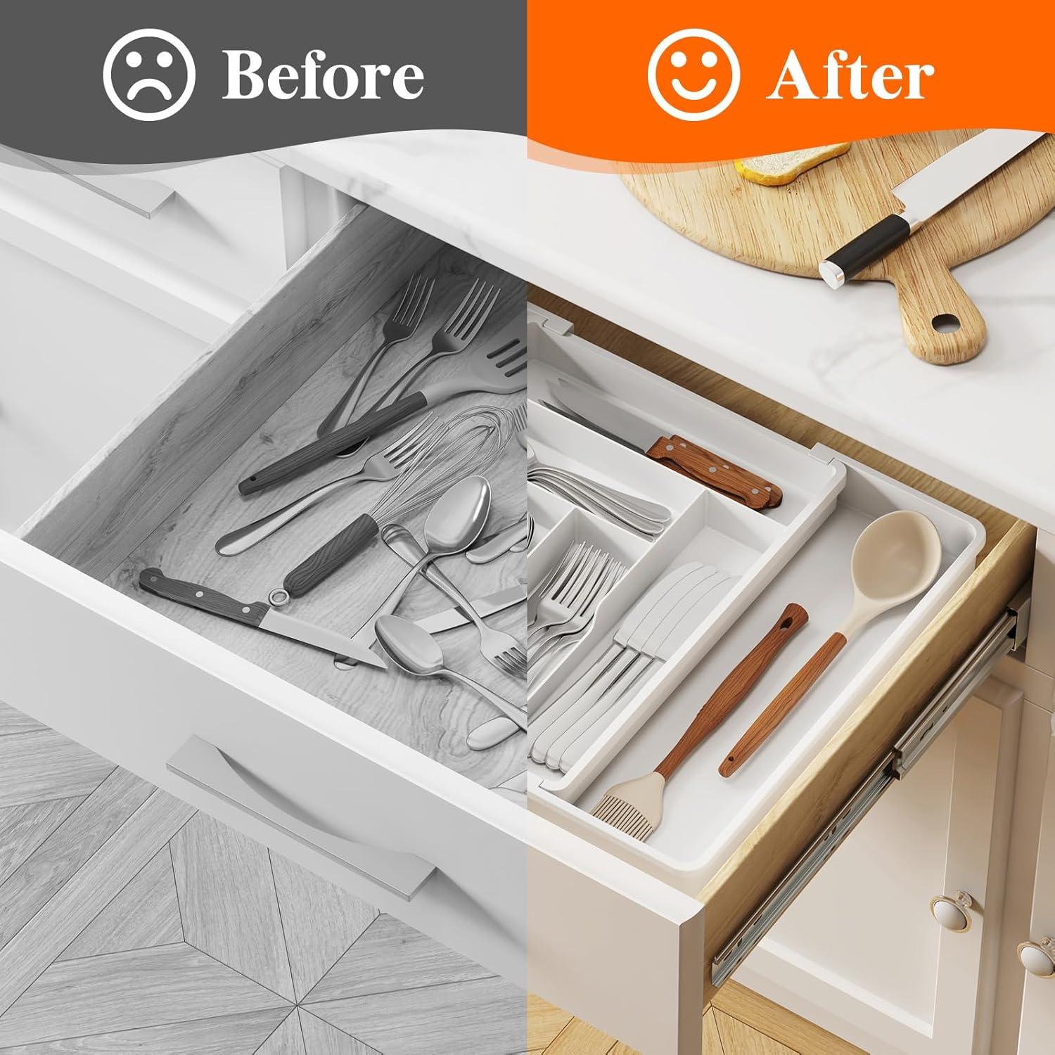 image:imageLifewit Utensil Organizer for Kitchen Drawer Expandable Cooking Silverware Tray Adjustable Cutlery Flatware Holder Plastic Spatula Tools Storage Divider 13224 x 15 BlackWhite