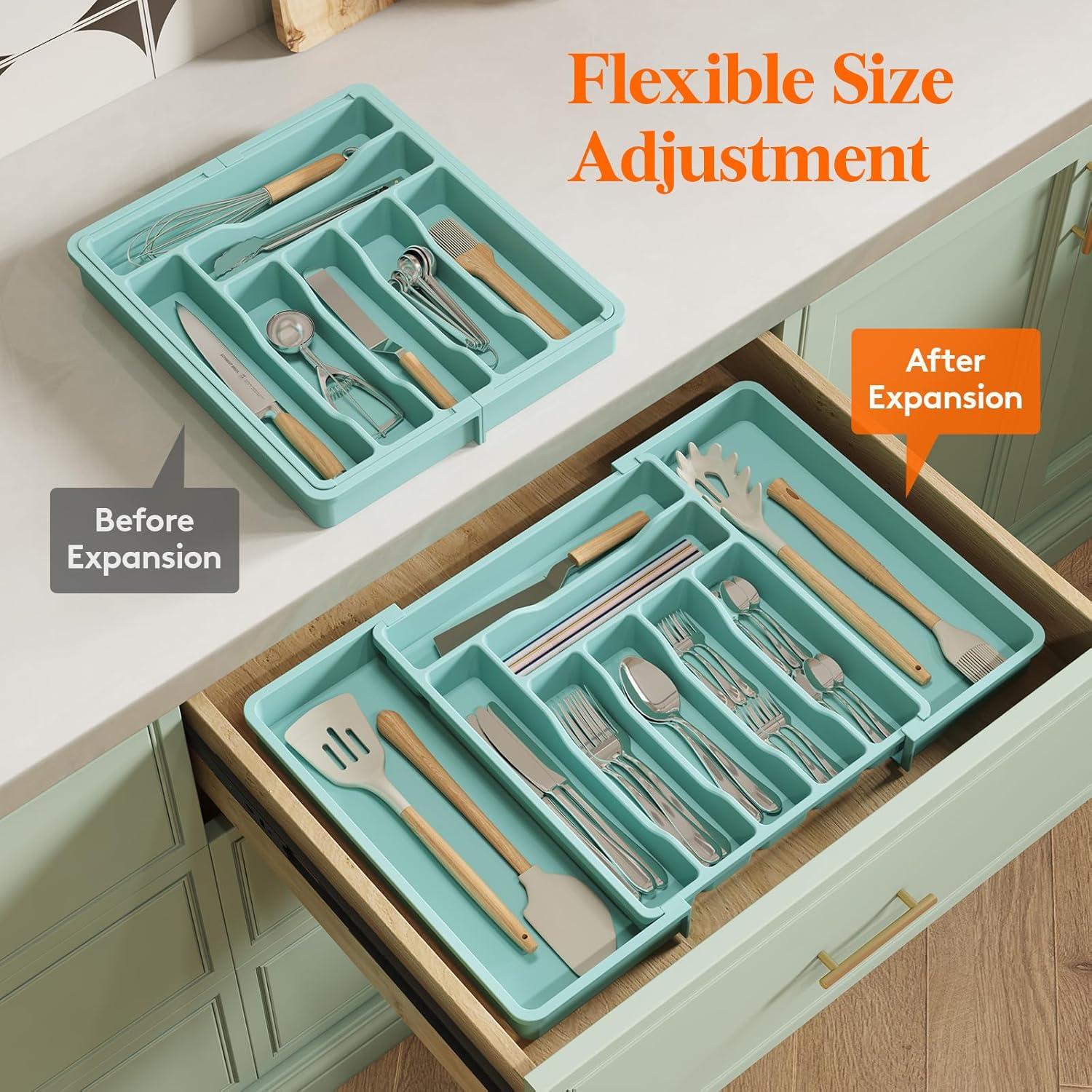 image:imageLifewit Utensil Organizer for Kitchen Drawer Expandable Cooking Silverware Tray Adjustable Cutlery Flatware Holder Plastic Spatula Tools Storage Divider 13224 x 15 BlackTurquoise