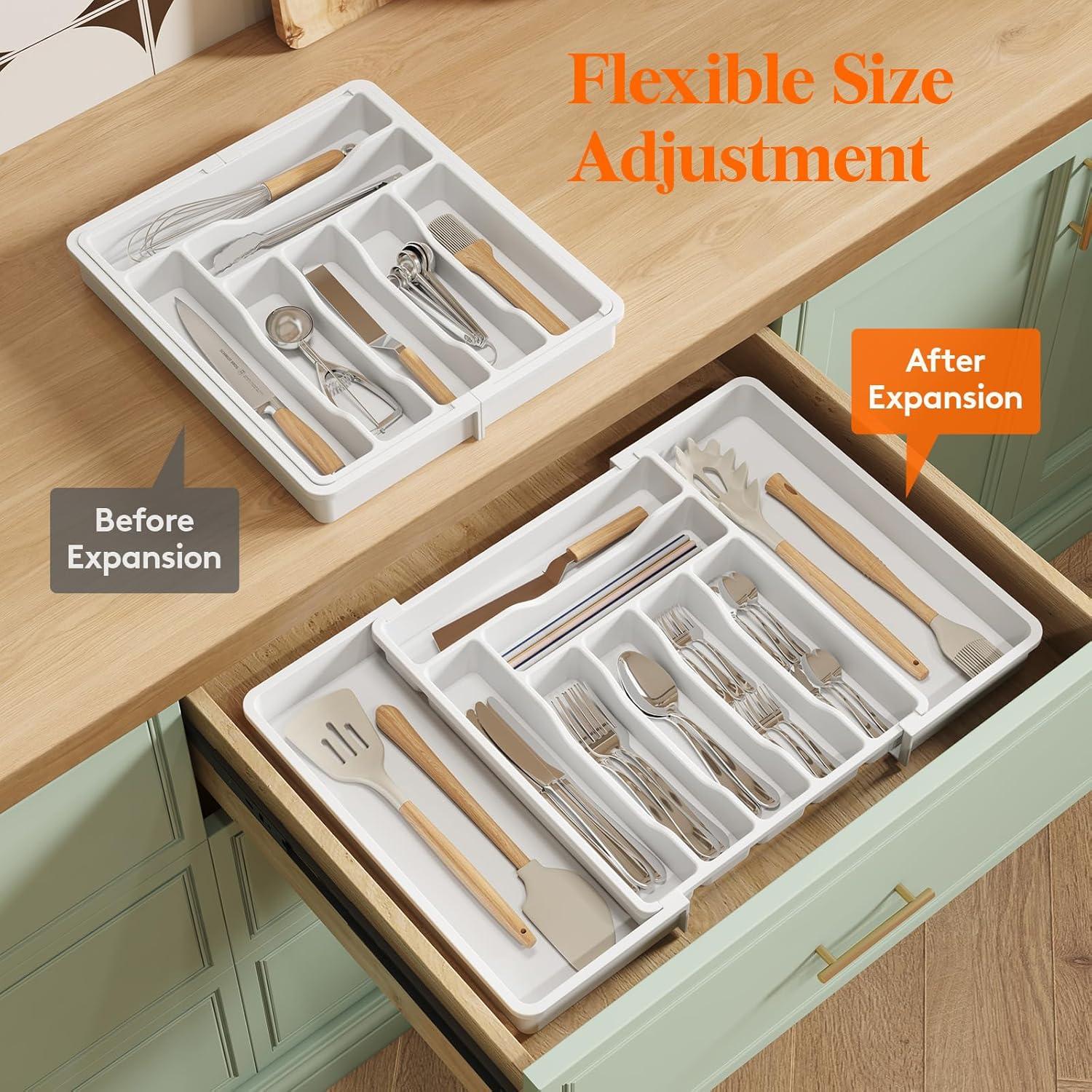 image:imageLifewit Utensil Organizer for Kitchen Drawer Expandable Cooking Silverware Tray Adjustable Cutlery Flatware Holder Plastic Spatula Tools Storage Divider 13224 x 15 BlackWhite