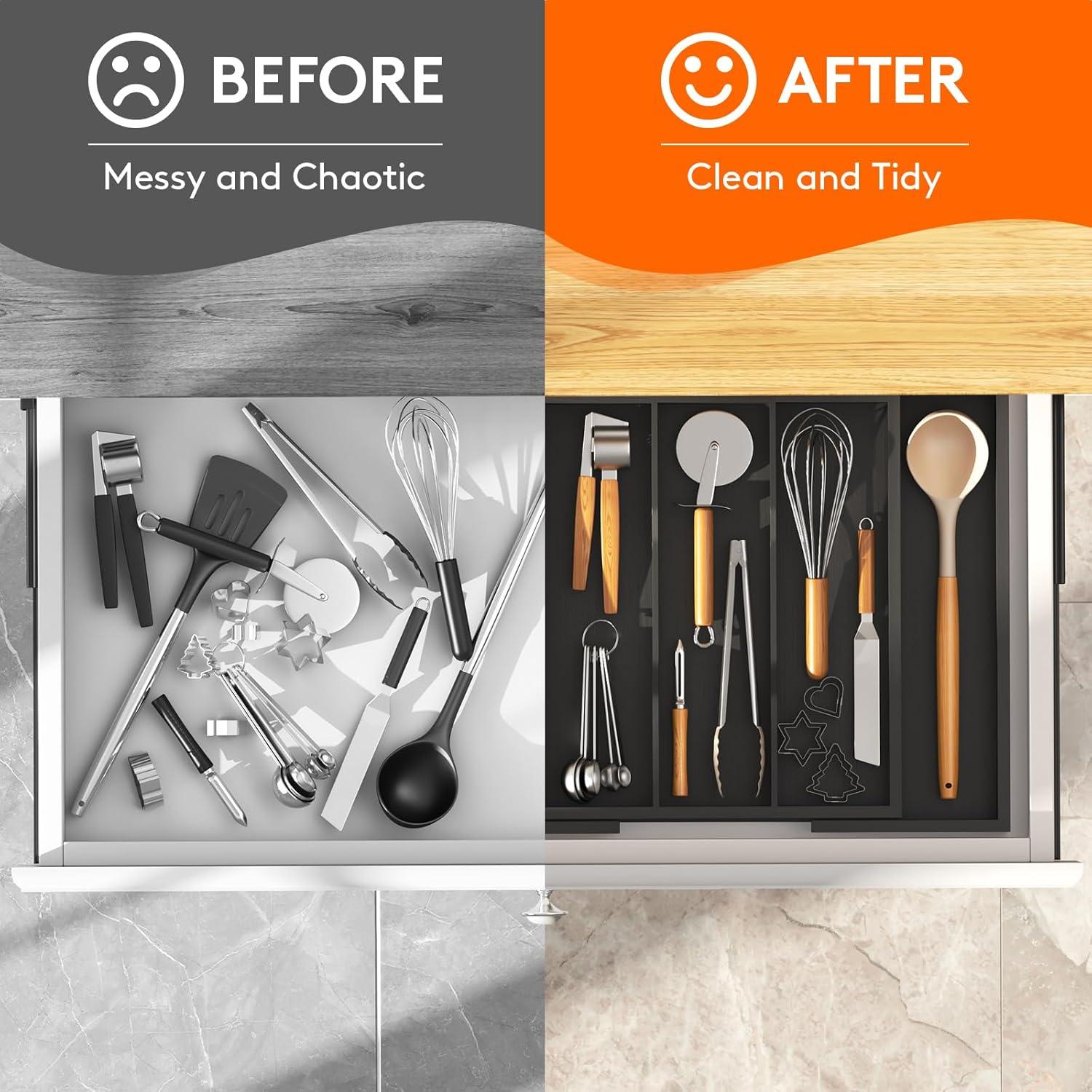 image:imageLifewit Utensil Organizer for Kitchen Drawer Expandable Cooking Utensil Tray Bamboo Cutlery Silverware Flatware Holder Adjustable Spatula Tools Storage Divider 33 56x38cm Natural and BlackBlack