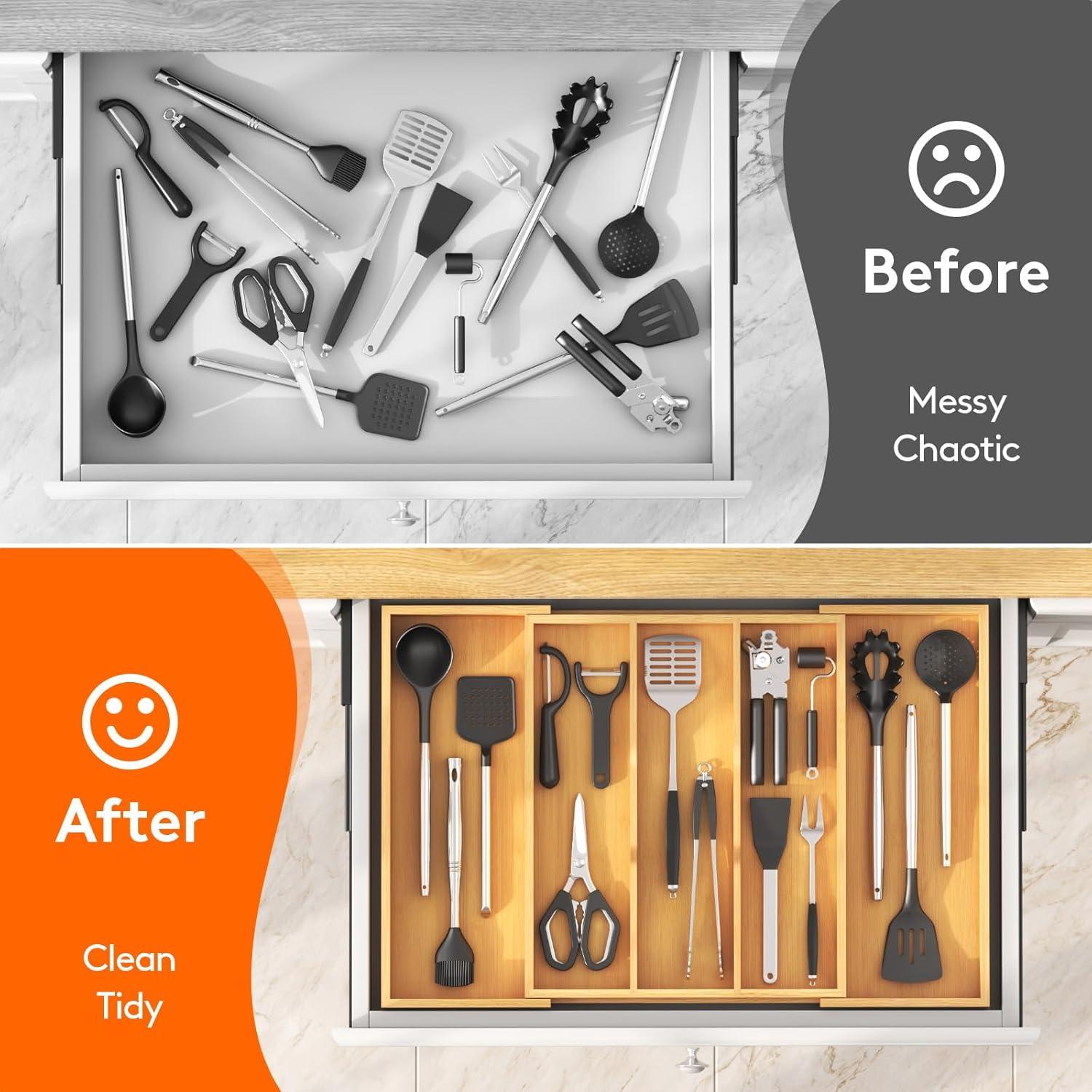 image:imageLifewit Utensil Organizer for Kitchen Drawer Expandable Cooking Utensil Tray Bamboo Cutlery Silverware Flatware Holder Adjustable Spatula Tools Storage Divider 33 56x38cm Natural and BlackNatural