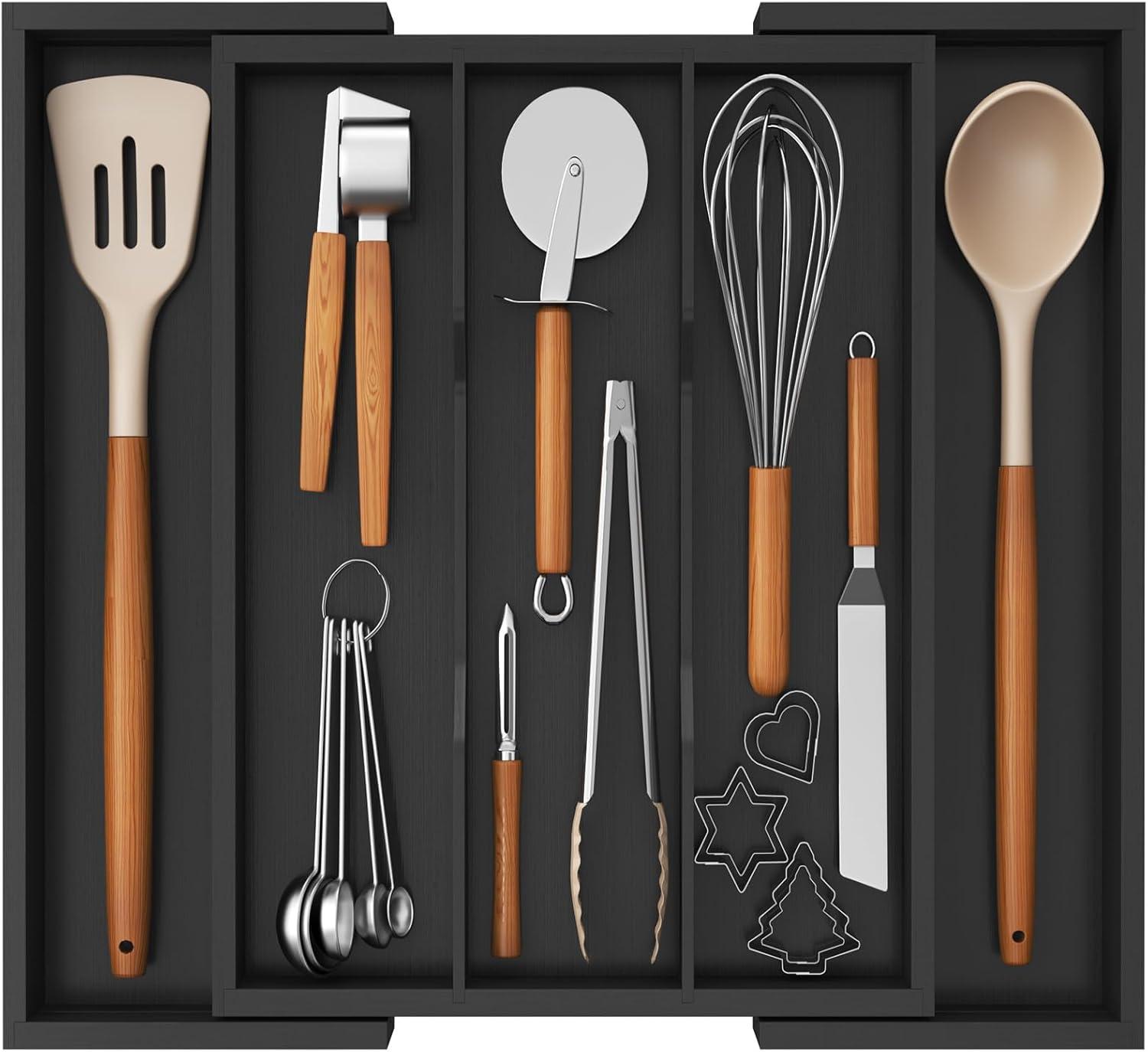 image:imageLifewit Utensil Organizer for Kitchen Drawer Expandable Cooking Utensil Tray Bamboo Cutlery Silverware Flatware Holder Adjustable Spatula Tools Storage Divider 33 56x38cm Natural and BlackBlack