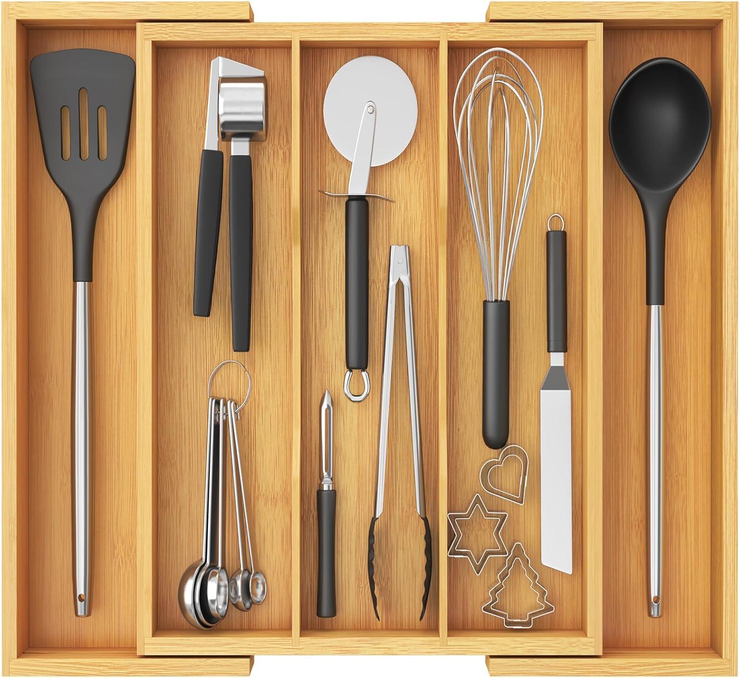 image:imageLifewit Utensil Organizer for Kitchen Drawer Expandable Cooking Utensil Tray Bamboo Cutlery Silverware Flatware Holder Adjustable Spatula Tools Storage Divider 33 56x38cm Natural and BlackNatural
