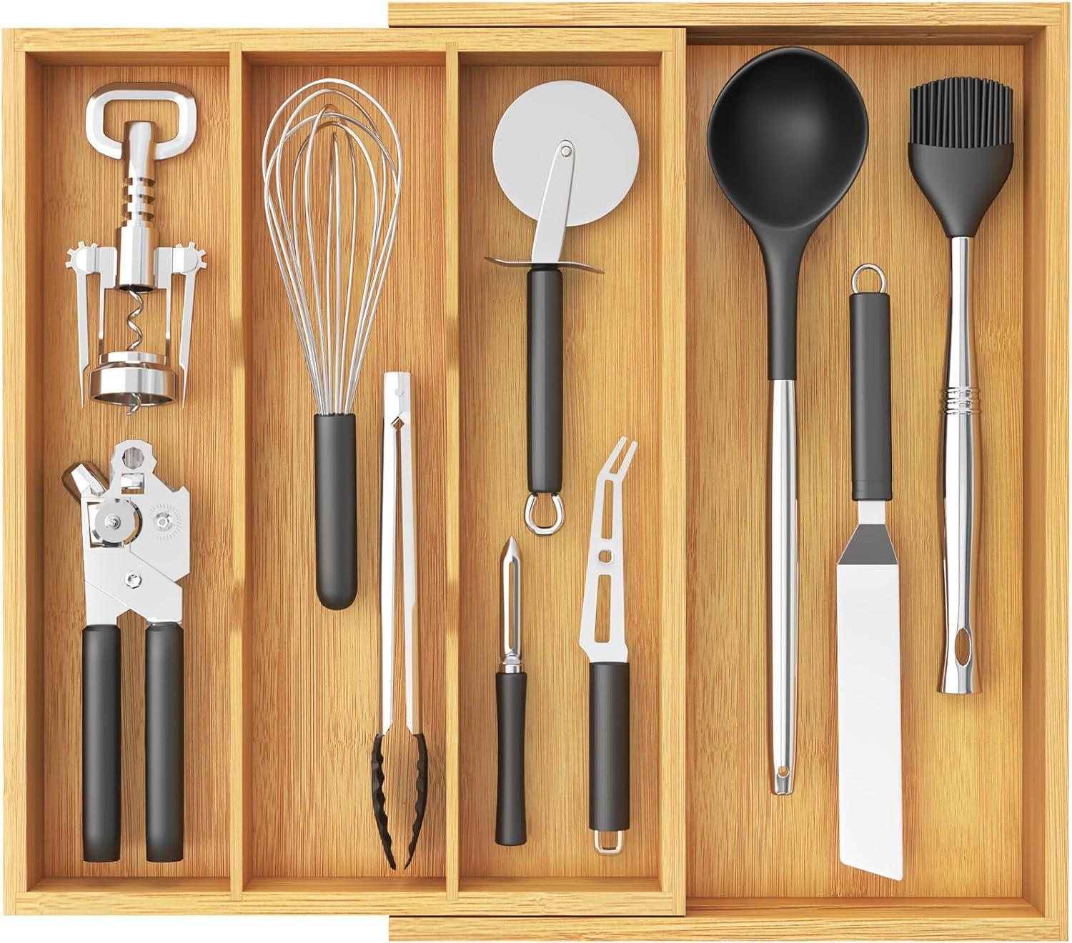 image:imageLifewit Utensil Organizer for Kitchen Drawer Expandable Cooking Utensil Tray Bamboo Cutlery Silverware Flatware Holder Adjustable Spatula Tools Storage Divider 33 56x38cm Natural and BlackNatural