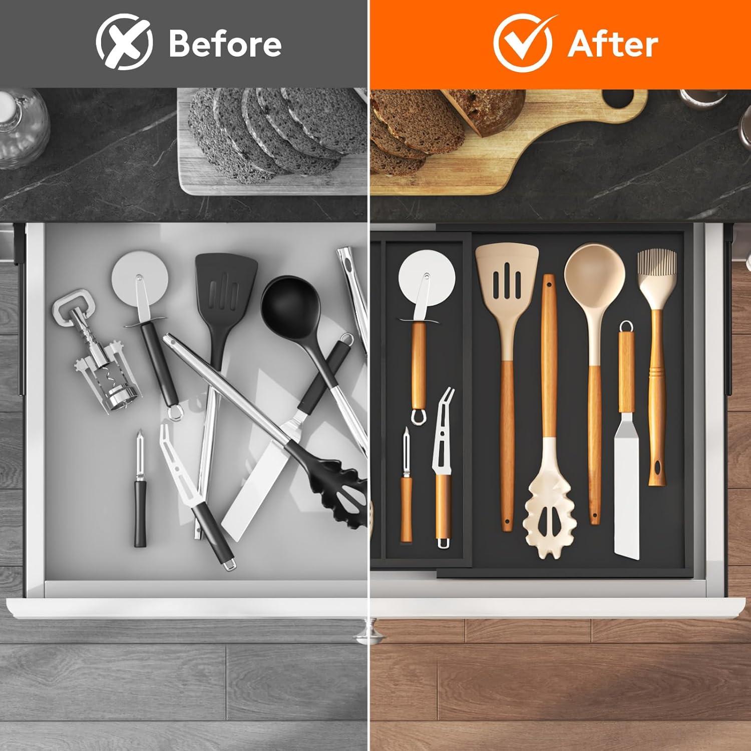 image:imageLifewit Utensil Organizer for Kitchen Drawer Expandable Cooking Utensil Tray Bamboo Cutlery Silverware Flatware Holder Adjustable Spatula Tools Storage Divider 33 56x38cm Natural and BlackBlack
