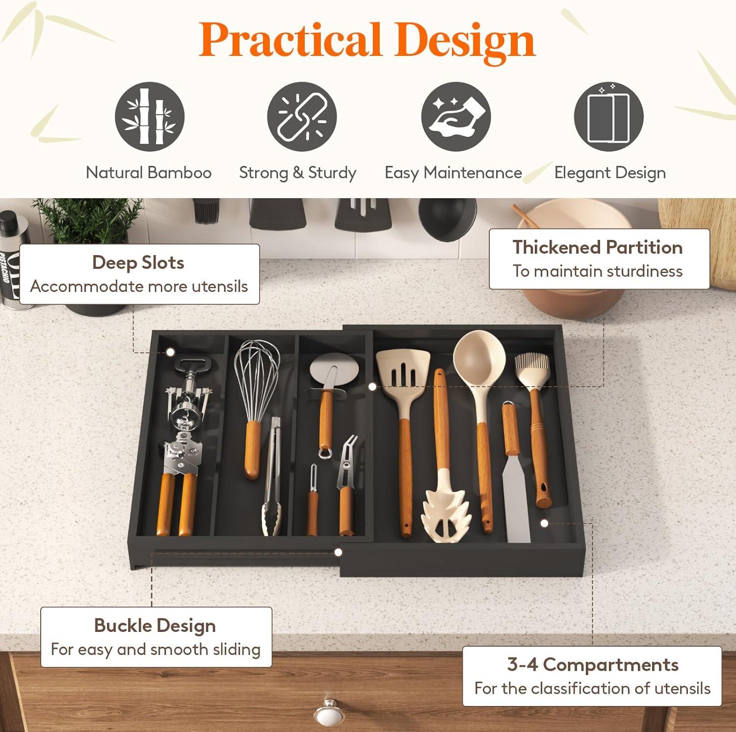 image:imageLifewit Utensil Organizer for Kitchen Drawer Expandable Cooking Utensil Tray Bamboo Cutlery Silverware Flatware Holder Adjustable Spatula Tools Storage Divider 33 56x38cm Natural and BlackBlack