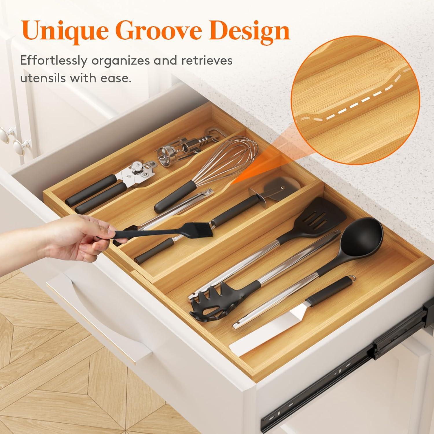 image:imageLifewit Utensil Organizer for Kitchen Drawer Expandable Cooking Utensil Tray Bamboo Cutlery Silverware Flatware Holder Adjustable Spatula Tools Storage Divider 33 56x38cm Natural and BlackNatural