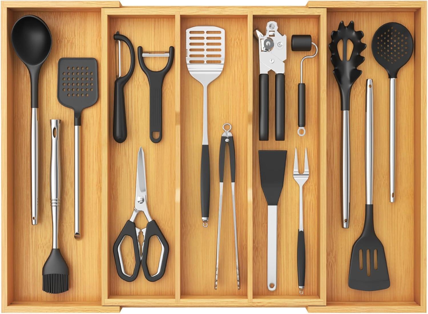 image:imageLifewit Utensil Organizer for Kitchen Drawer Expandable Cooking Utensil Tray Bamboo Cutlery Silverware Flatware Holder Adjustable Spatula Tools Storage Divider 33 56x38cm Natural and BlackNatural