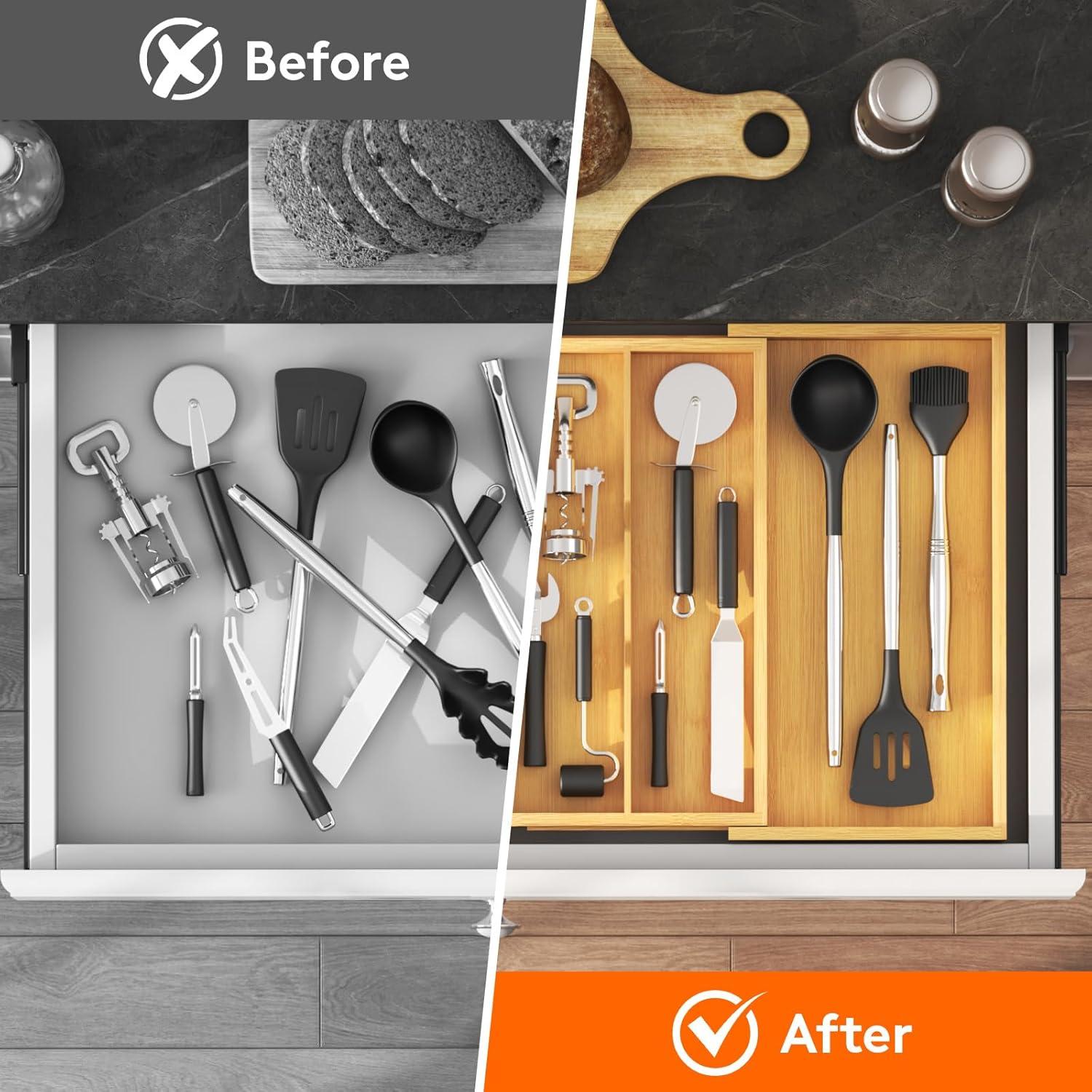 image:imageLifewit Utensil Organizer for Kitchen Drawer Expandable Cooking Utensil Tray Bamboo Cutlery Silverware Flatware Holder Adjustable Spatula Tools Storage Divider 33 56x38cm Natural and BlackNatural