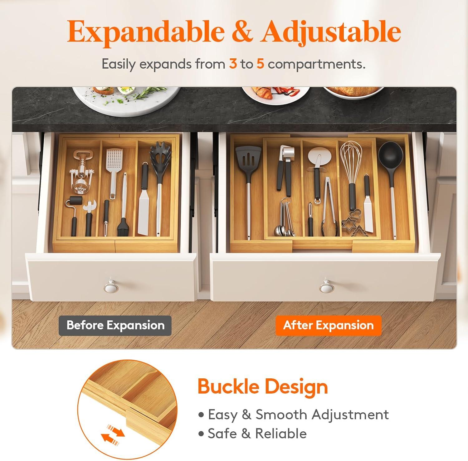 image:imageLifewit Utensil Organizer for Kitchen Drawer Expandable Cooking Utensil Tray Bamboo Cutlery Silverware Flatware Holder Adjustable Spatula Tools Storage Divider 33 56x38cm Natural and BlackNatural