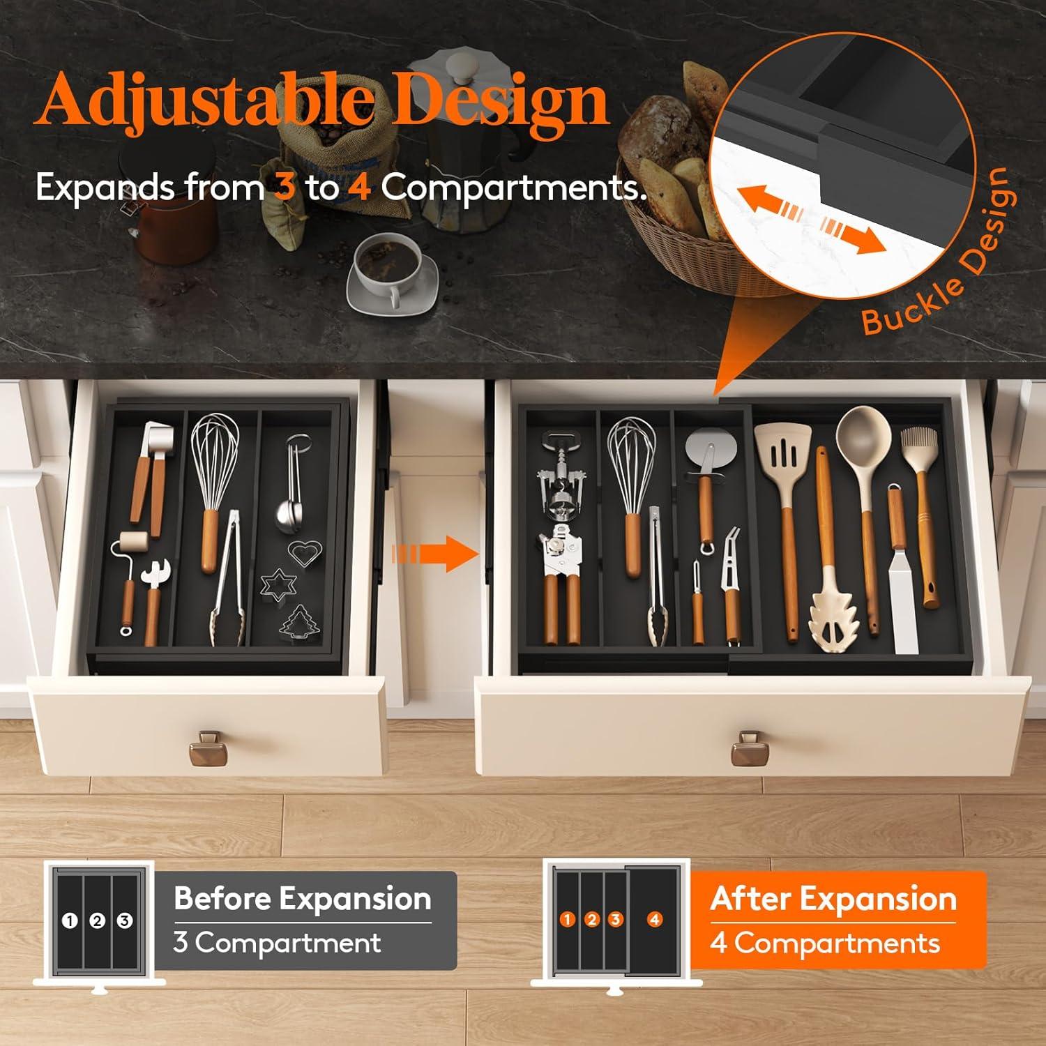 image:imageLifewit Utensil Organizer for Kitchen Drawer Expandable Cooking Utensil Tray Bamboo Cutlery Silverware Flatware Holder Adjustable Spatula Tools Storage Divider 33 56x38cm Natural and BlackBlack