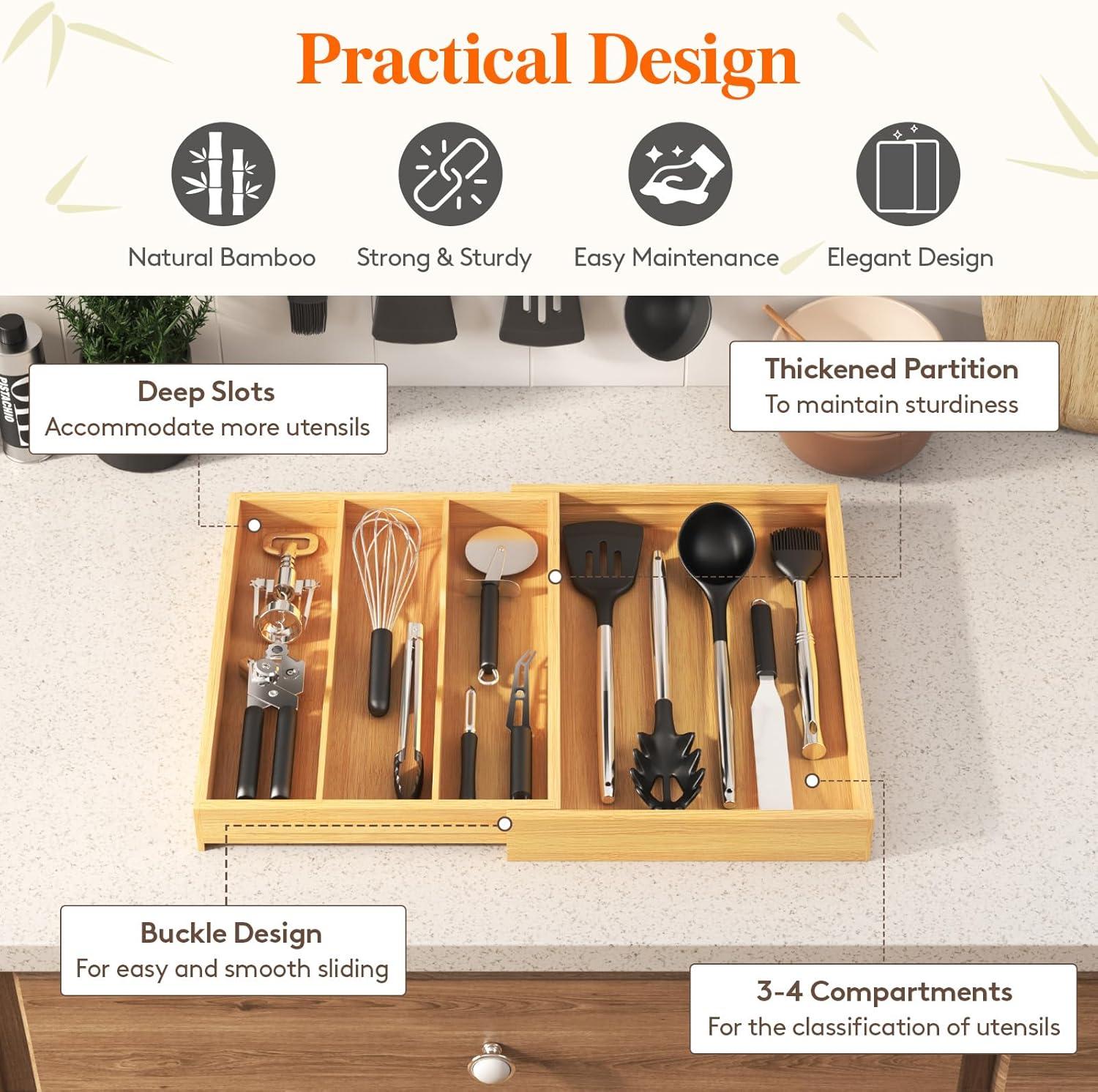 image:imageLifewit Utensil Organizer for Kitchen Drawer Expandable Cooking Utensil Tray Bamboo Cutlery Silverware Flatware Holder Adjustable Spatula Tools Storage Divider 33 56x38cm Natural and BlackNatural