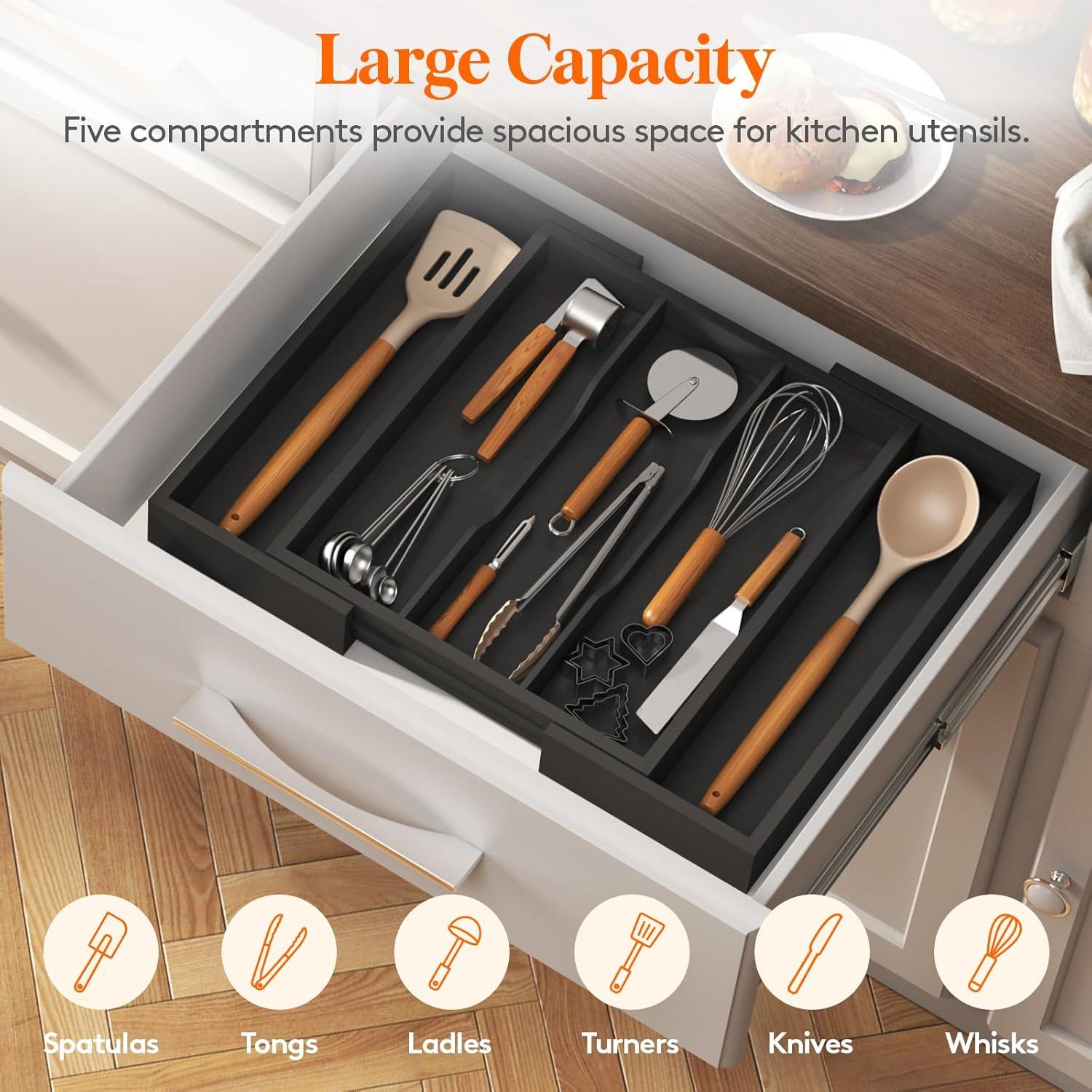 image:imageLifewit Utensil Organizer for Kitchen Drawer Expandable Cooking Utensil Tray Bamboo Cutlery Silverware Flatware Holder Adjustable Spatula Tools Storage Divider 33 56x38cm Natural and BlackBlack