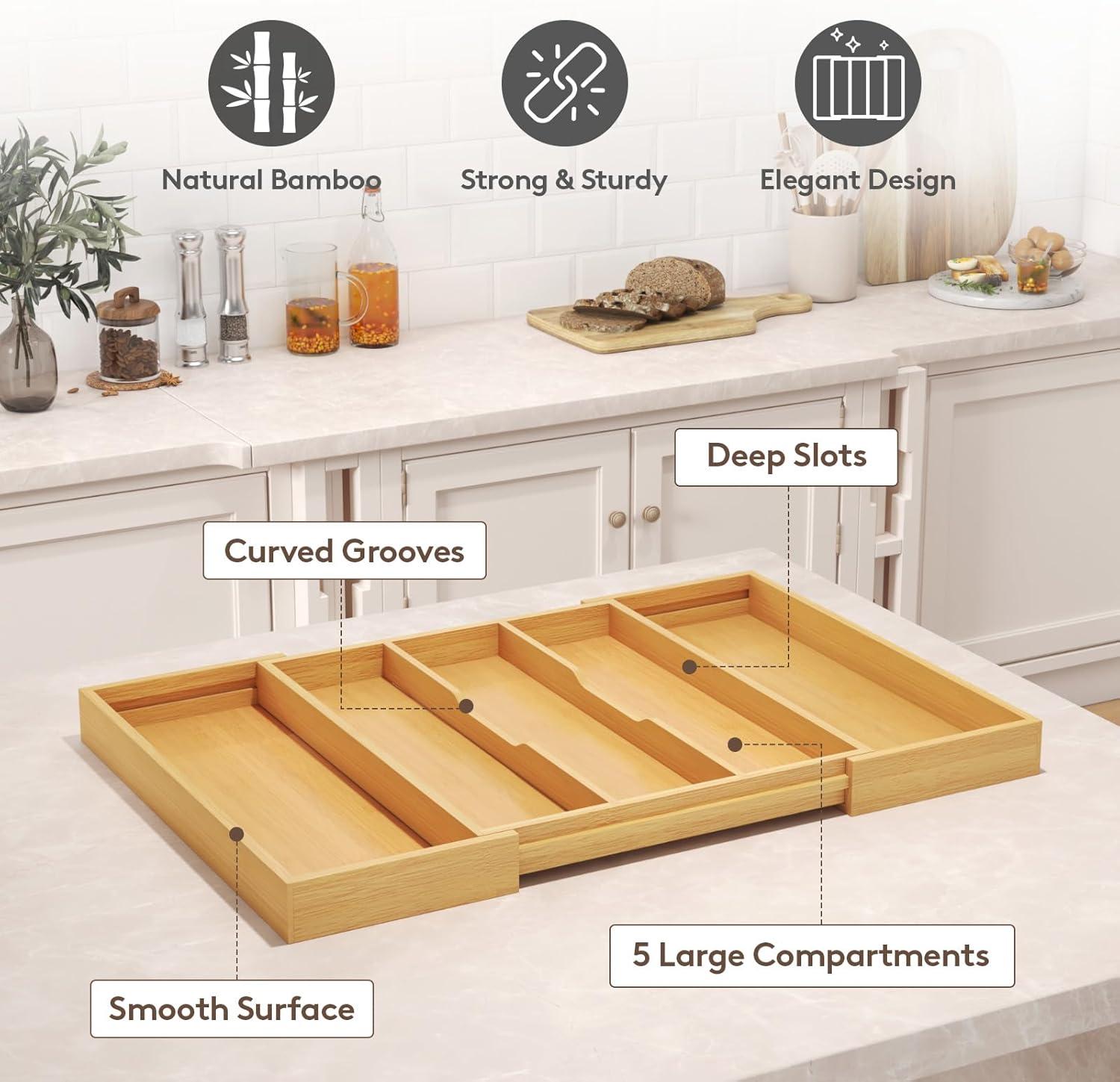 image:imageLifewit Utensil Organizer for Kitchen Drawer Expandable Cooking Utensil Tray Bamboo Cutlery Silverware Flatware Holder Adjustable Spatula Tools Storage Divider 33 56x38cm Natural and BlackNatural