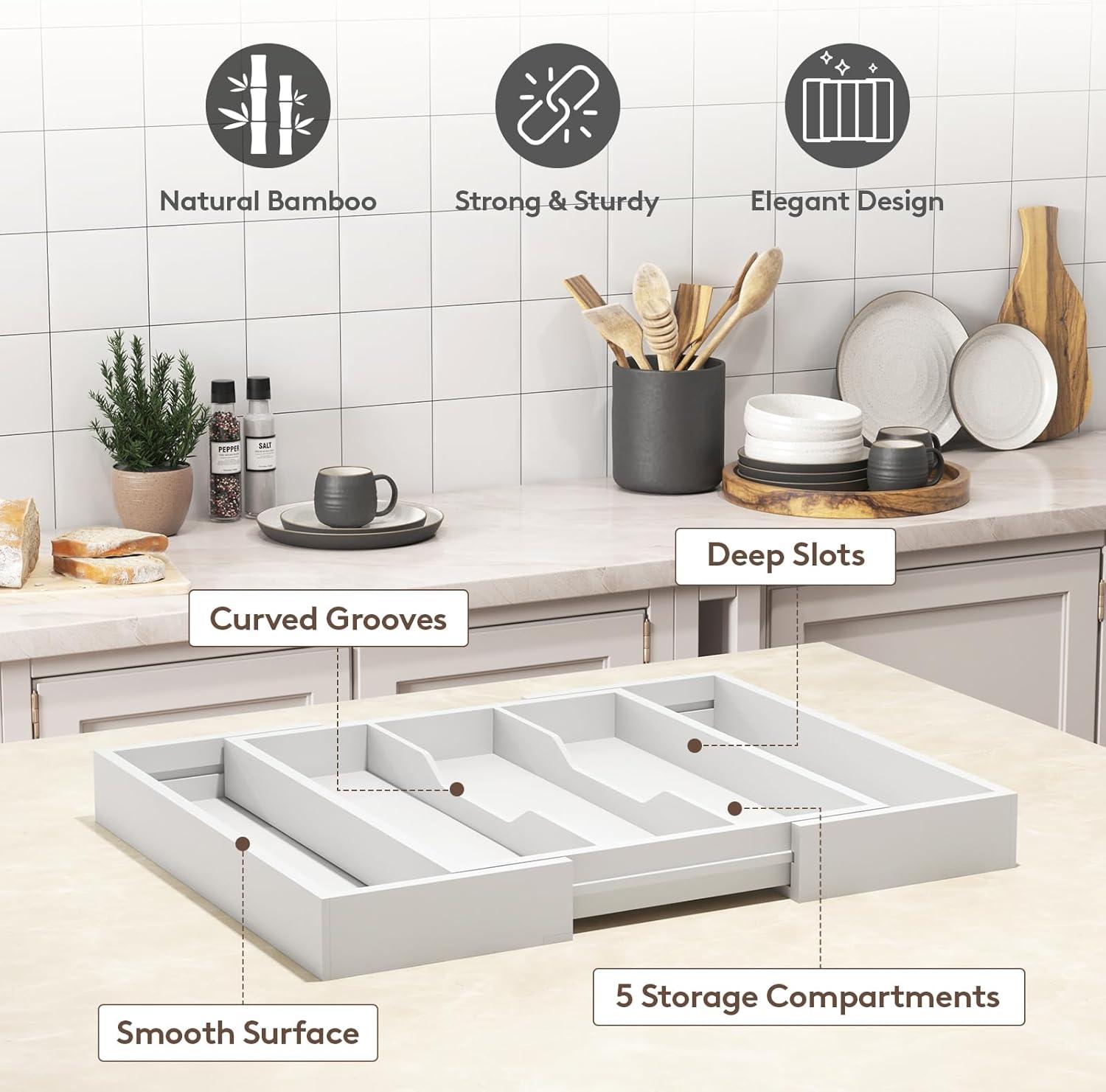 image:imageLifewit Utensil Organizer for Kitchen Drawer Expandable Cooking Utensil Tray Bamboo Cutlery Silverware Flatware Holder Adjustable Spatula Tools Storage Divider 33 56x38cm Natural and BlackWhite