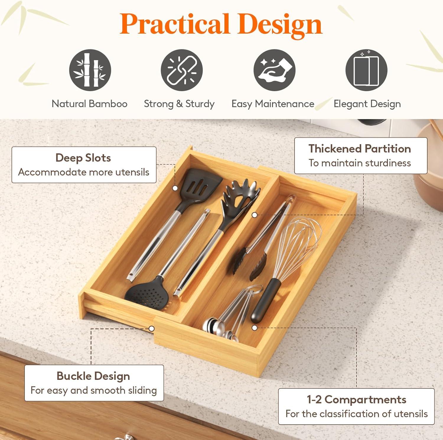 image:imageLifewit Utensil Organizer for Kitchen Drawer Expandable Cooking Utensil Tray Bamboo Cutlery Silverware Flatware Holder Adjustable Spatula Tools Storage Divider 33 56x38cm Natural and BlackNatural