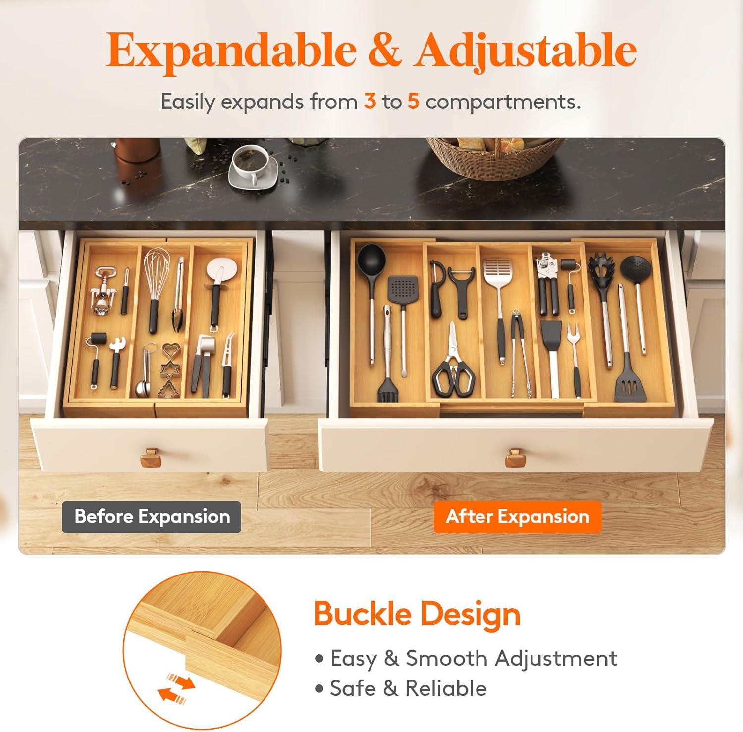 image:imageLifewit Utensil Organizer for Kitchen Drawer Expandable Cooking Utensil Tray Bamboo Cutlery Silverware Flatware Holder Adjustable Spatula Tools Storage Divider 33 56x38cm Natural and BlackNatural