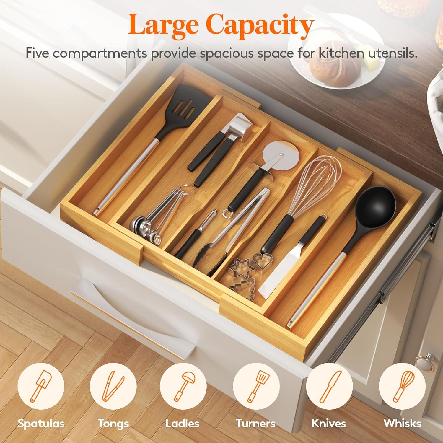 image:imageLifewit Utensil Organizer for Kitchen Drawer Expandable Cooking Utensil Tray Bamboo Cutlery Silverware Flatware Holder Adjustable Spatula Tools Storage Divider 33 56x38cm Natural and BlackNatural