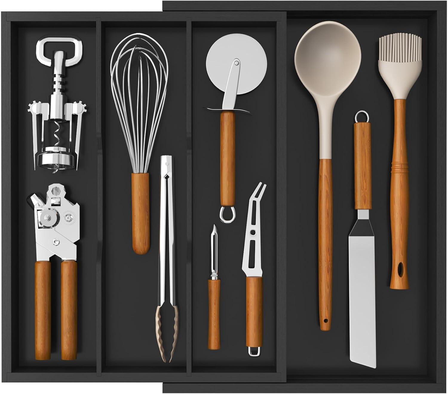 image:imageLifewit Utensil Organizer for Kitchen Drawer Expandable Cooking Utensil Tray Bamboo Cutlery Silverware Flatware Holder Adjustable Spatula Tools Storage Divider 33 56x38cm Natural and BlackBlack