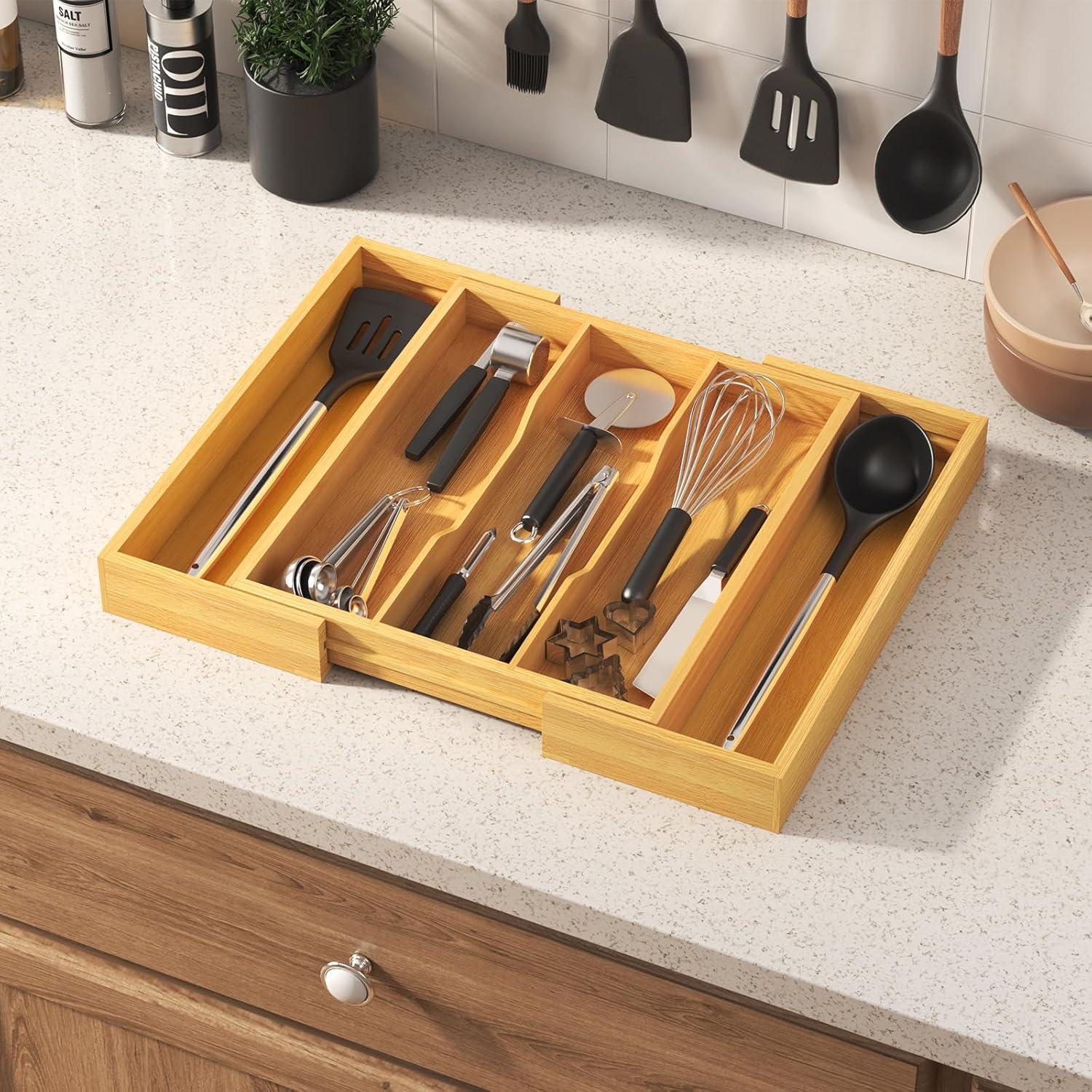 image:imageLifewit Utensil Organizer for Kitchen Drawer Expandable Cooking Utensil Tray Bamboo Cutlery Silverware Flatware Holder Adjustable Spatula Tools Storage Divider 33 56x38cm Natural and BlackNatural