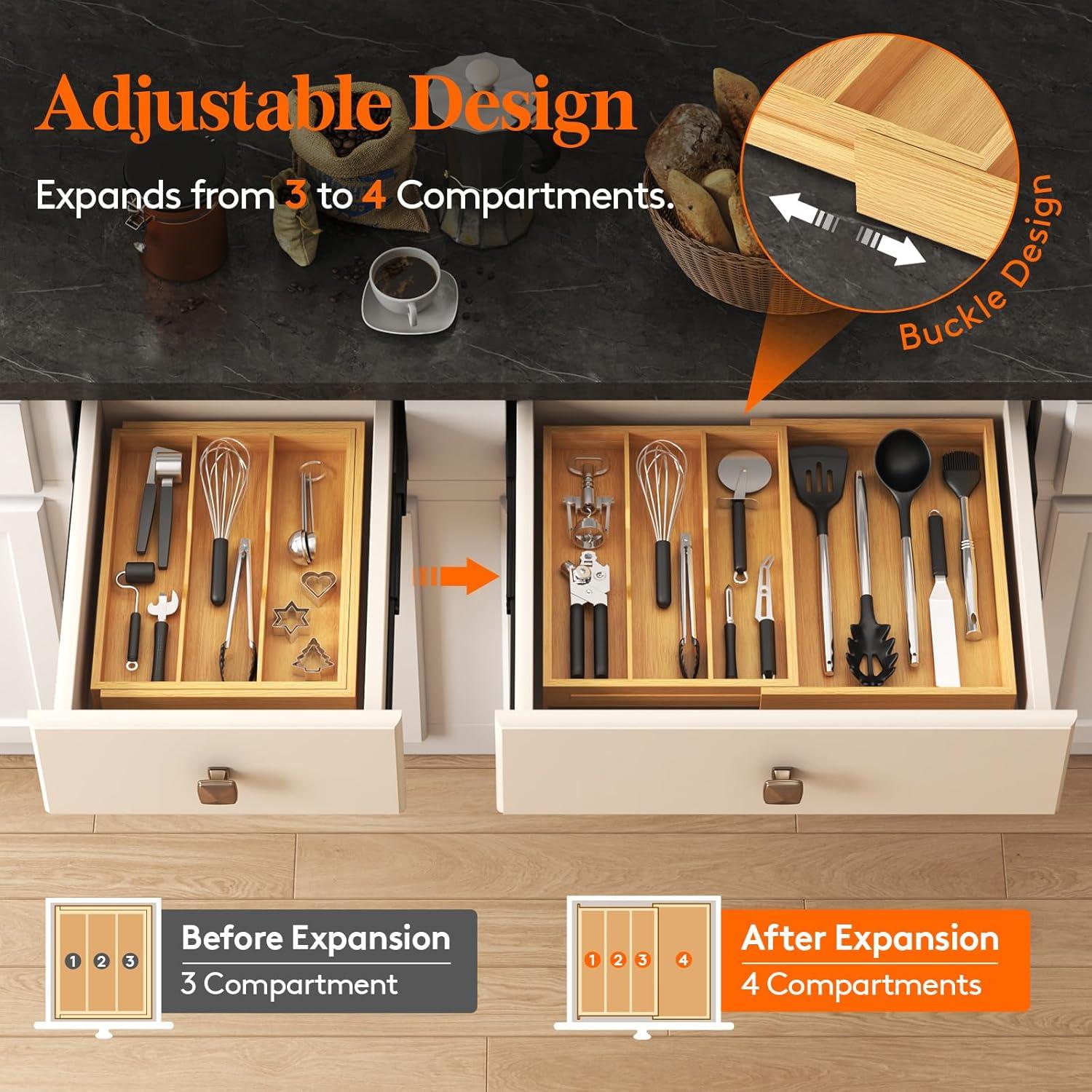 image:imageLifewit Utensil Organizer for Kitchen Drawer Expandable Cooking Utensil Tray Bamboo Cutlery Silverware Flatware Holder Adjustable Spatula Tools Storage Divider 33 56x38cm Natural and BlackNatural