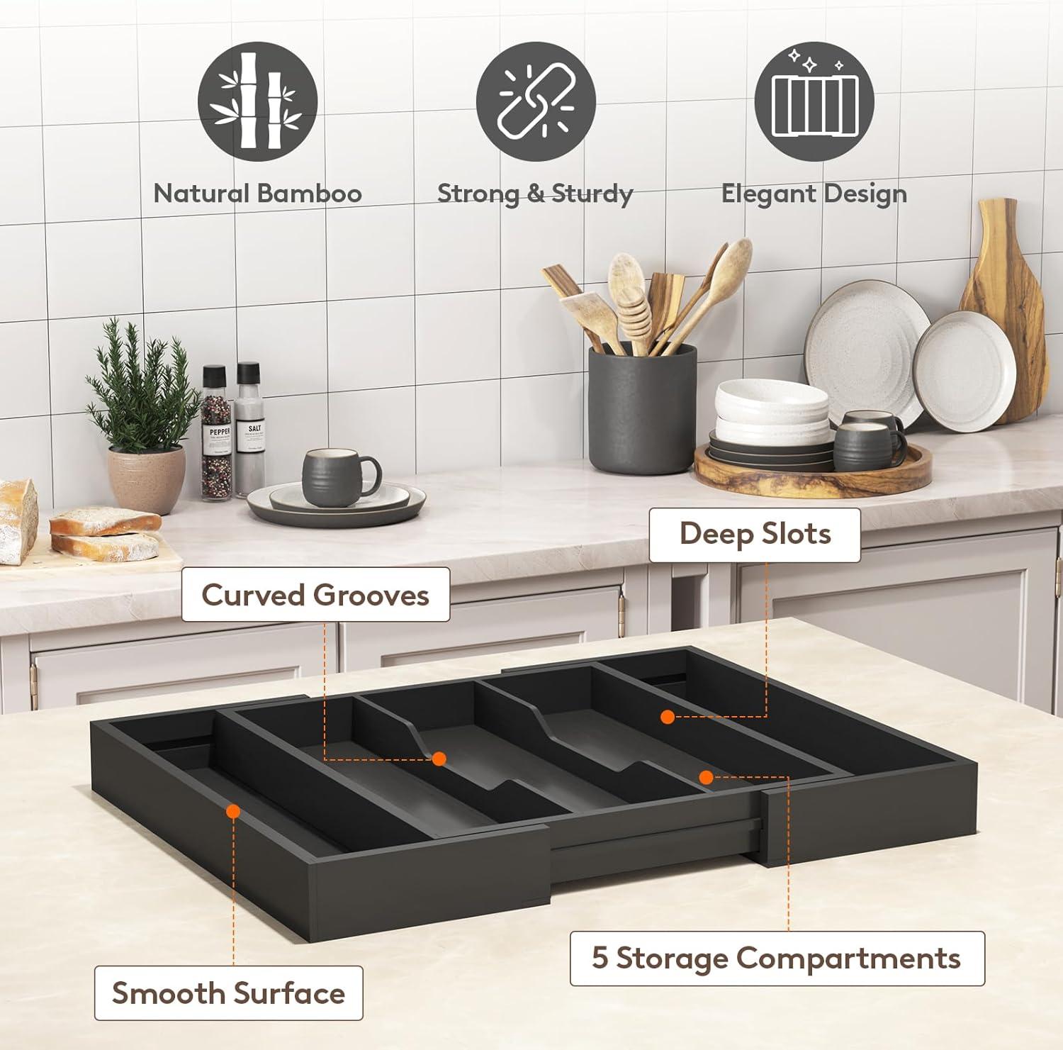 image:imageLifewit Utensil Organizer for Kitchen Drawer Expandable Cooking Utensil Tray Bamboo Cutlery Silverware Flatware Holder Adjustable Spatula Tools Storage Divider 33 56x38cm Natural and BlackBlack