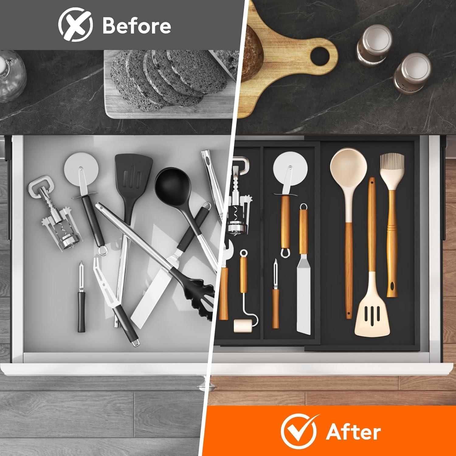 image:imageLifewit Utensil Organizer for Kitchen Drawer Expandable Cooking Utensil Tray Bamboo Cutlery Silverware Flatware Holder Adjustable Spatula Tools Storage Divider 33 56x38cm Natural and BlackBlack