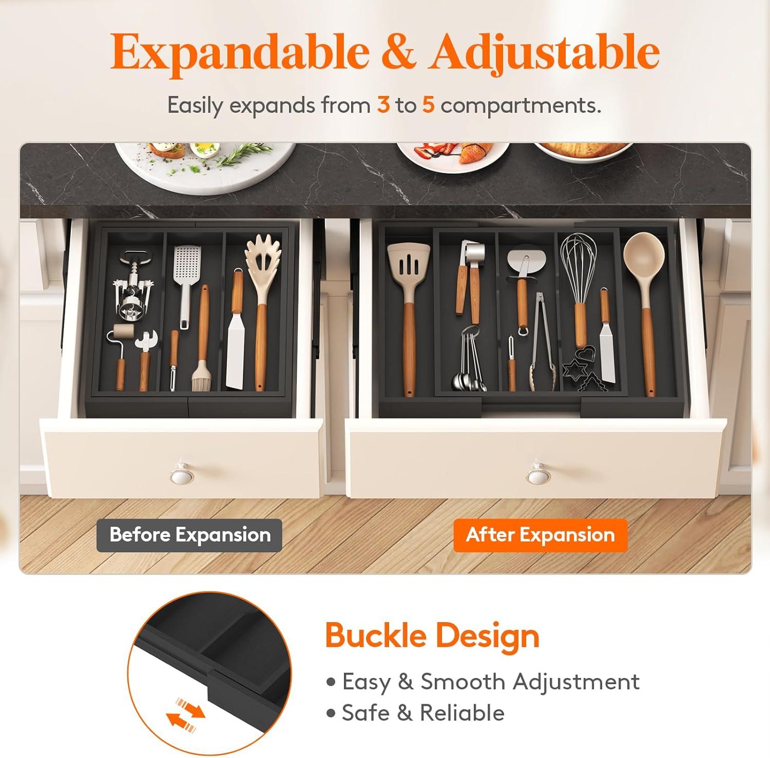 image:imageLifewit Utensil Organizer for Kitchen Drawer Expandable Cooking Utensil Tray Bamboo Cutlery Silverware Flatware Holder Adjustable Spatula Tools Storage Divider 33 56x38cm Natural and BlackBlack