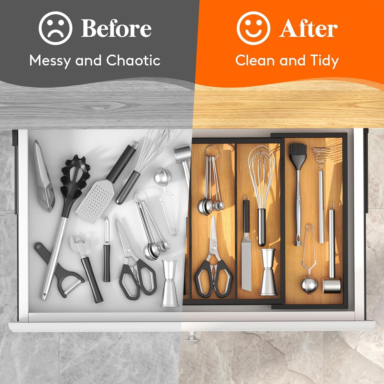 image:imageLifewit Utensil Organizer for Kitchen Drawer Expandable Cooking Utensil Tray Bamboo Cutlery Silverware Flatware Holder Adjustable Spatula Tools Storage Divider 33 56x38cm Natural and BlackNatural Black