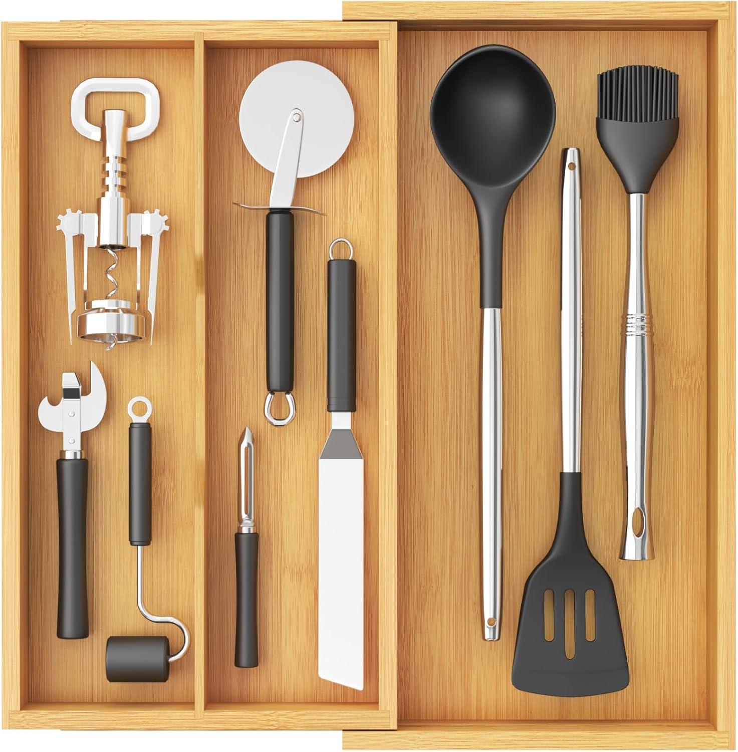 image:imageLifewit Utensil Organizer for Kitchen Drawer Expandable Cooking Utensil Tray Bamboo Cutlery Silverware Flatware Holder Adjustable Spatula Tools Storage Divider 33 56x38cm Natural and BlackNatural
