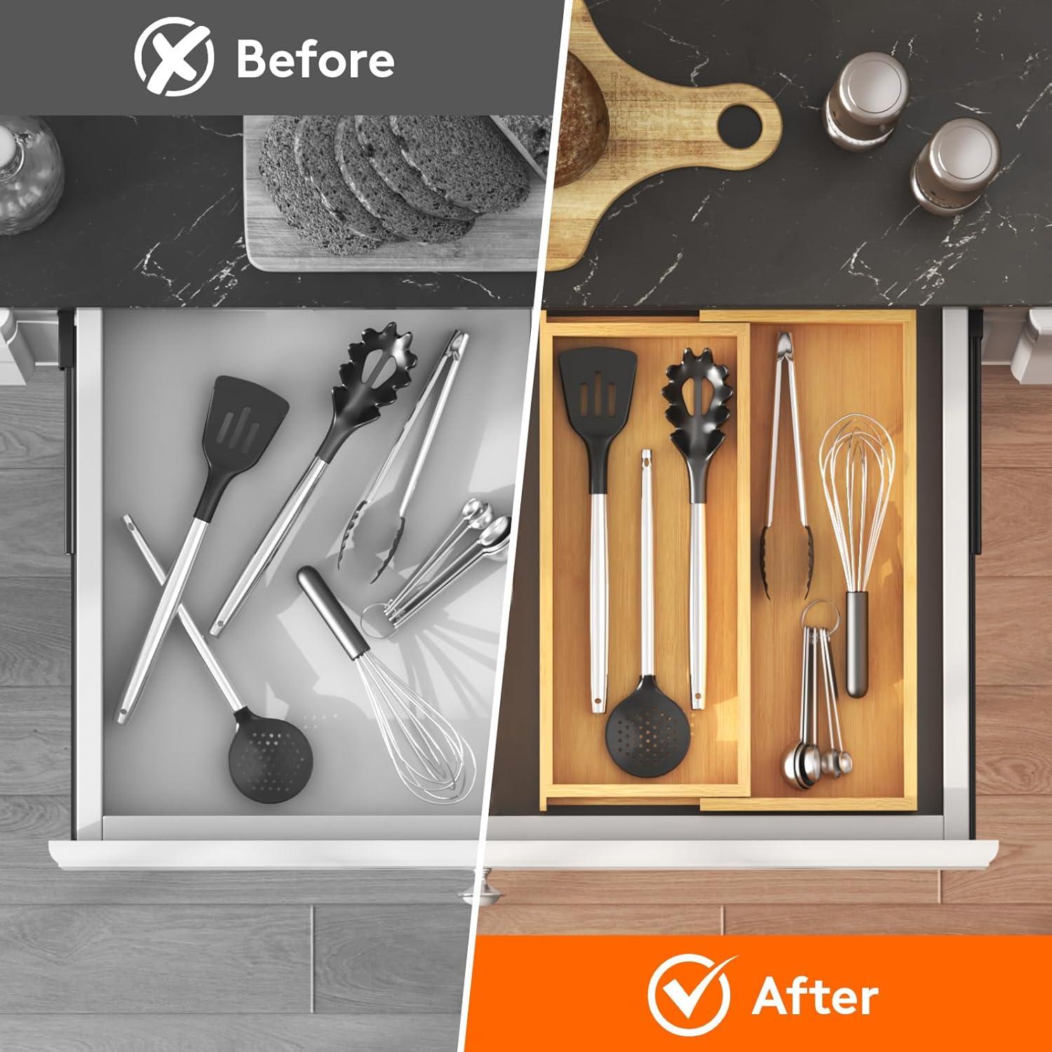 image:imageLifewit Utensil Organizer for Kitchen Drawer Expandable Cooking Utensil Tray Bamboo Cutlery Silverware Flatware Holder Adjustable Spatula Tools Storage Divider 33 56x38cm Natural and BlackNatural