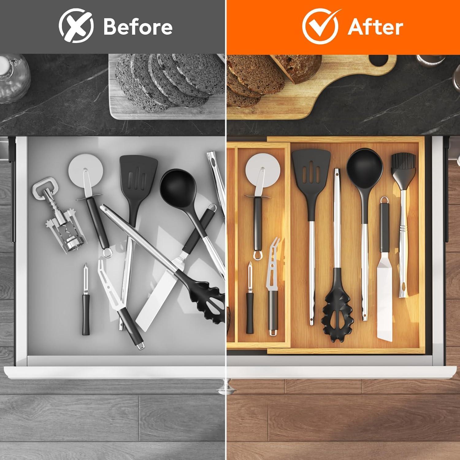 image:imageLifewit Utensil Organizer for Kitchen Drawer Expandable Cooking Utensil Tray Bamboo Cutlery Silverware Flatware Holder Adjustable Spatula Tools Storage Divider 33 56x38cm Natural and BlackNatural