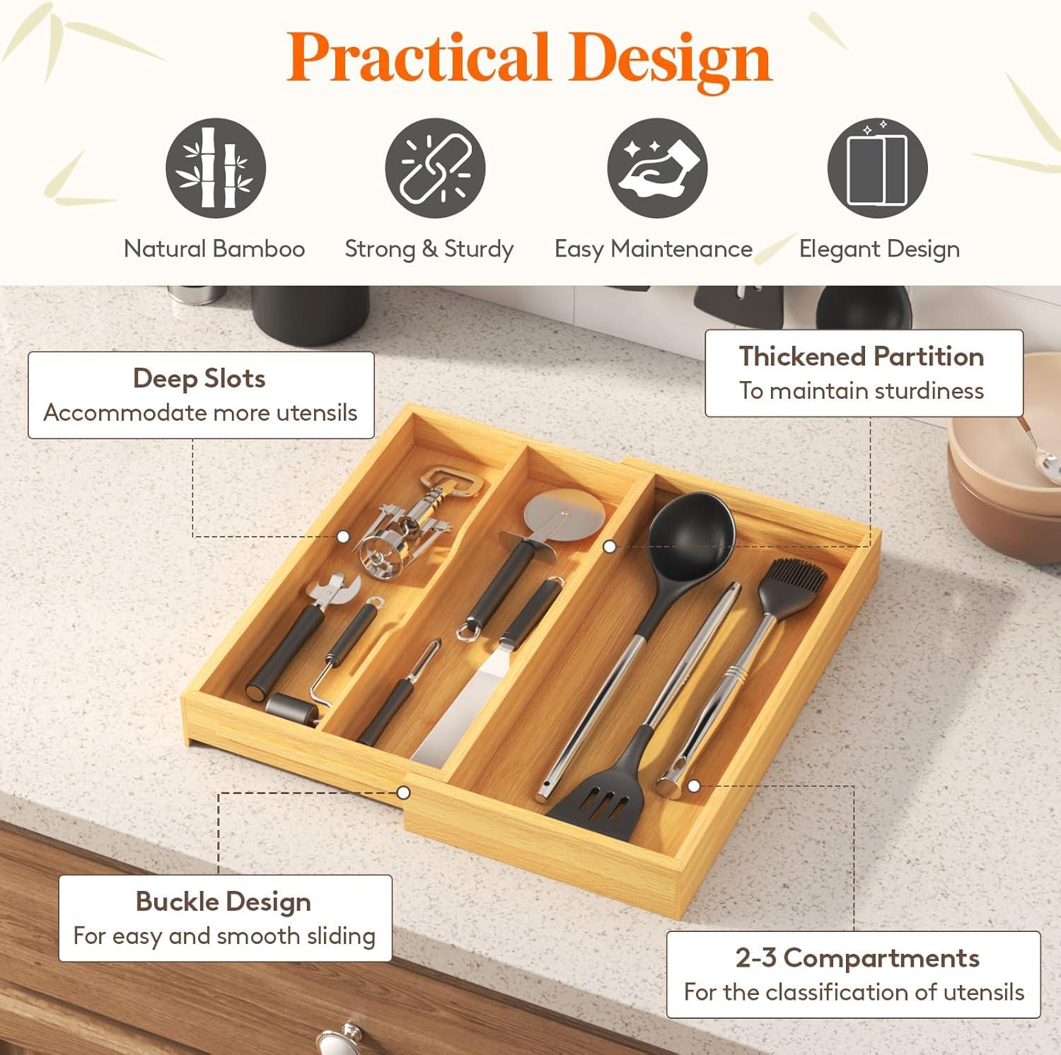 image:imageLifewit Utensil Organizer for Kitchen Drawer Expandable Cooking Utensil Tray Bamboo Cutlery Silverware Flatware Holder Adjustable Spatula Tools Storage Divider 33 56x38cm Natural and BlackNatural